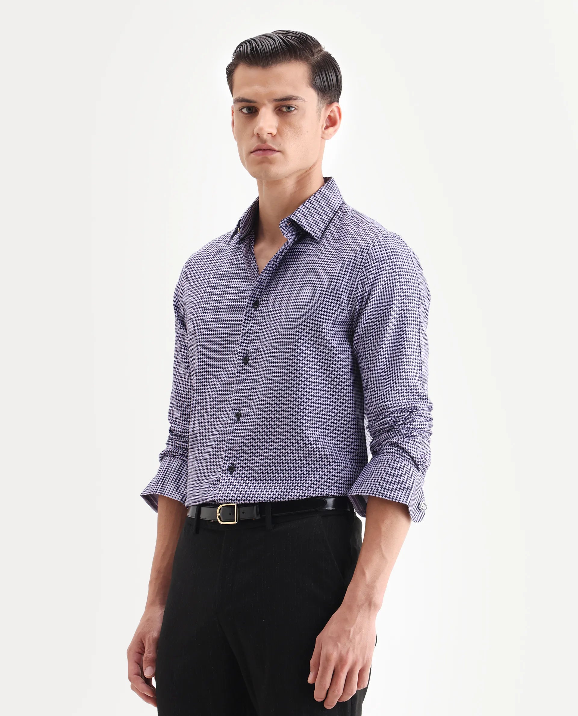 Rare Rabbit Men's Chesto Purple Cotton Blend Checked Print Regular Fit Full Sleeve Collared Shirt