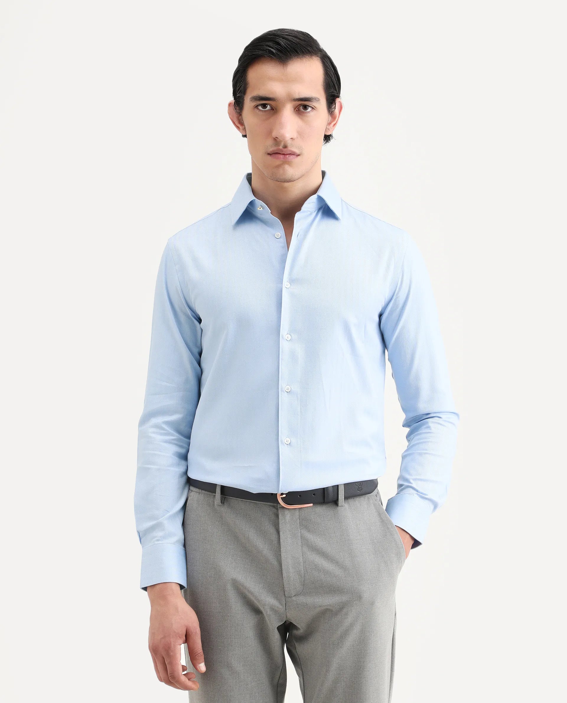 Rare Rabbit Men's Fargo Blue Plain Regular Fit Full Sleeve Collared Shirt