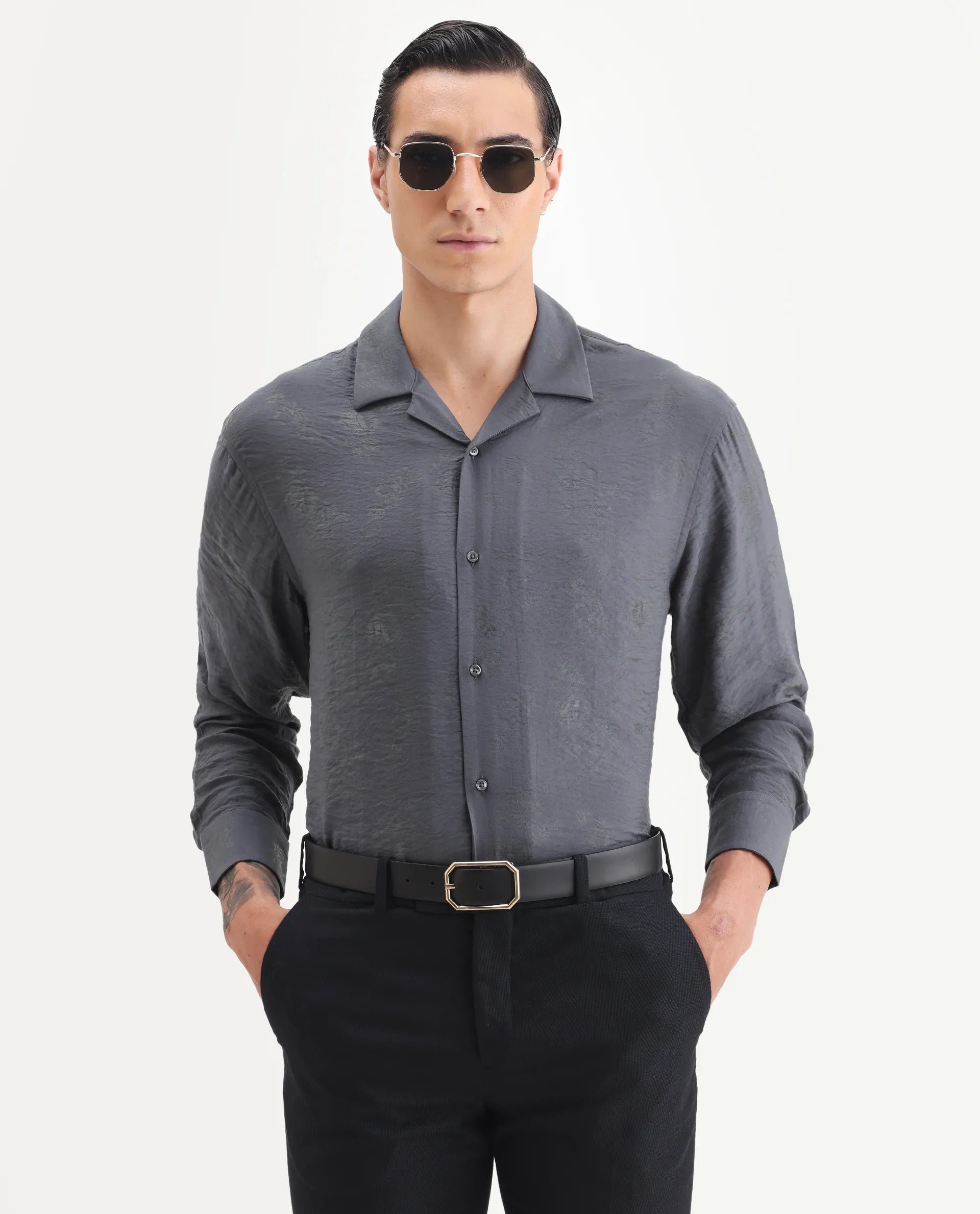 Rare Rabbit Men's Redif Grey Cotton Blend Floral Print Regular Fit Full Sleeve Collared Shirt