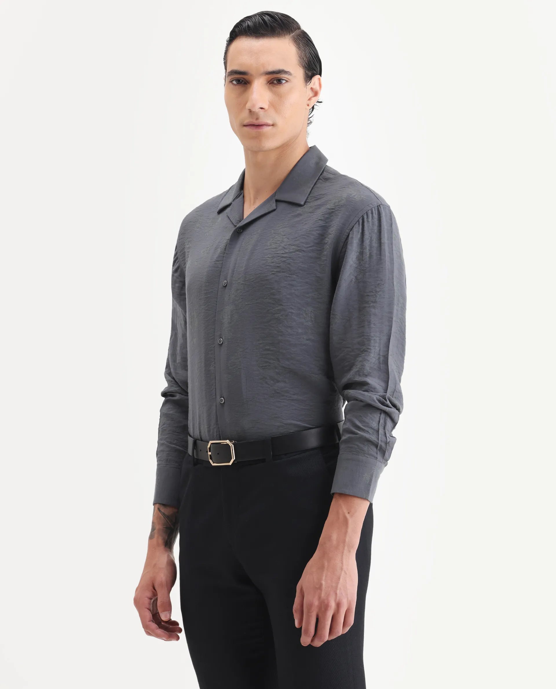 Rare Rabbit Men's Redif Grey Cotton Blend Floral Print Regular Fit Full Sleeve Collared Shirt