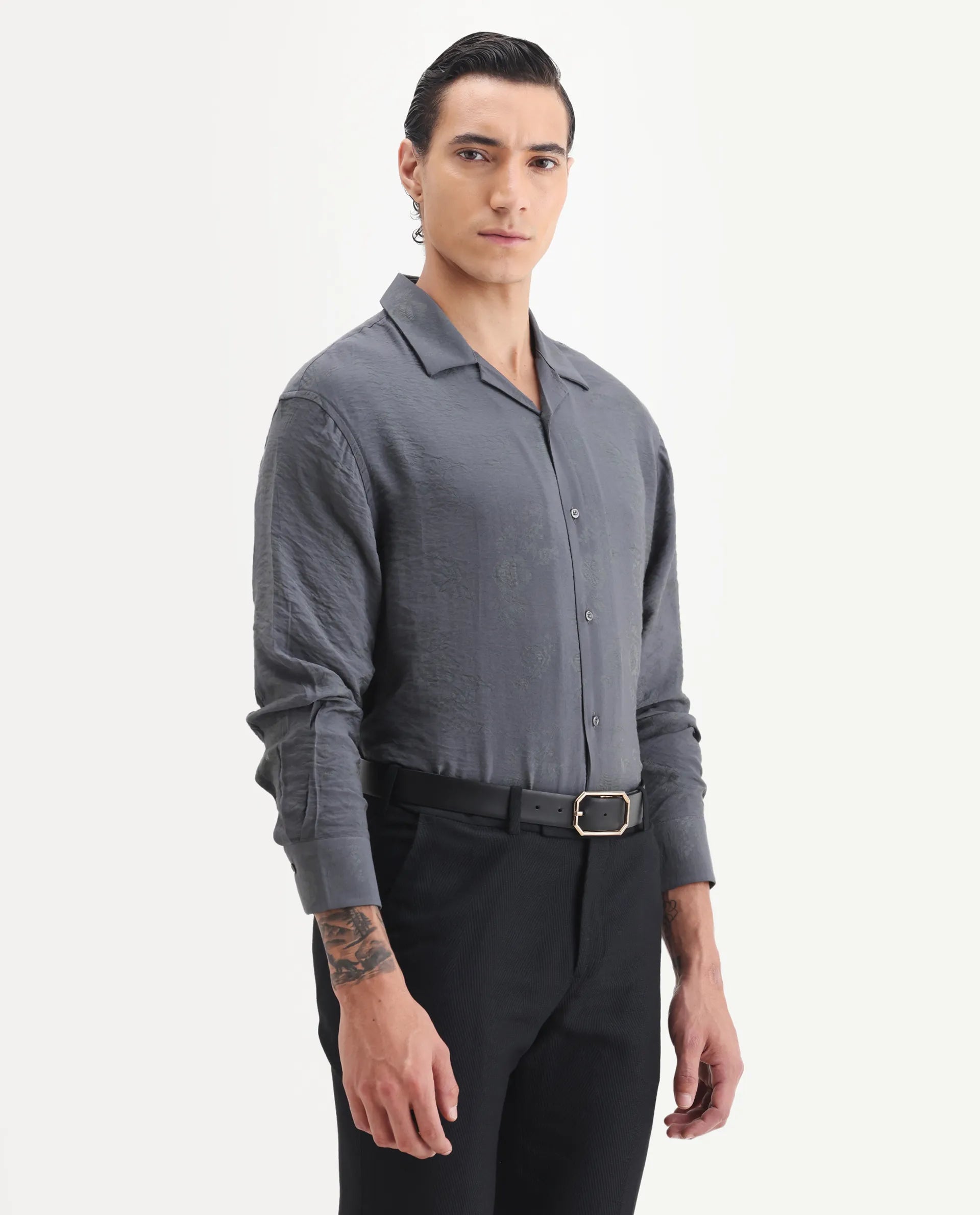 Rare Rabbit Men's Redif Grey Cotton Blend Floral Print Regular Fit Full Sleeve Collared Shirt