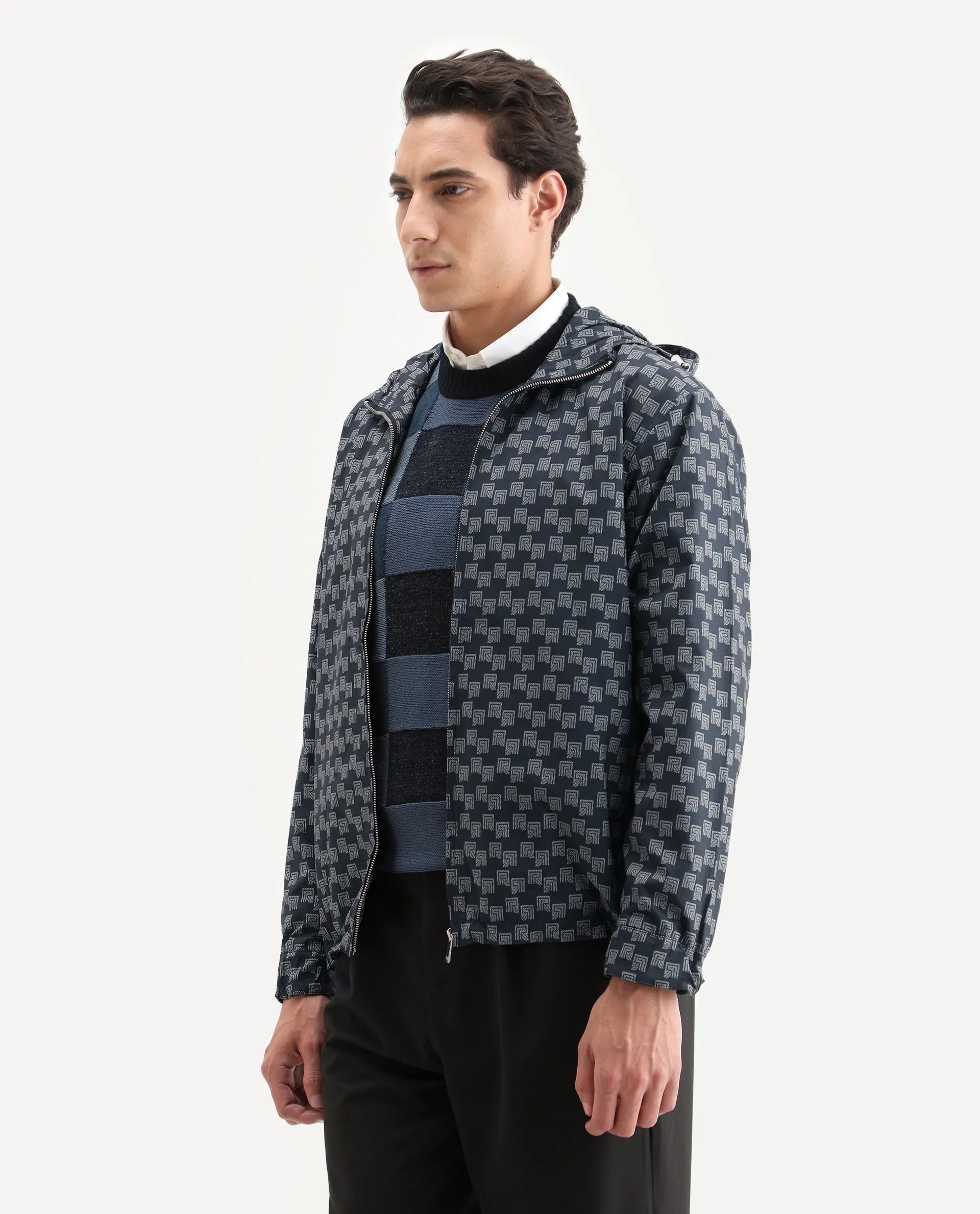 Rare Rabbit Men's Sappon Navy Nylon Monogram Print Boxy Fit Full Sleeve High Neck Jacket