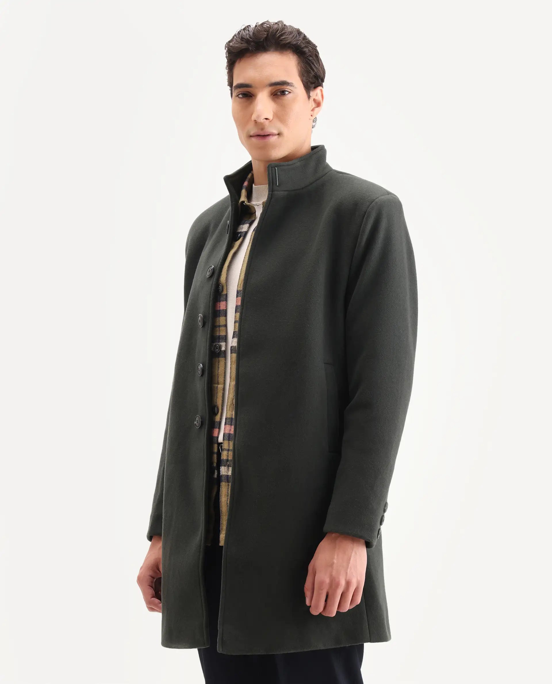 Rare Rabbit Men's Dune-2 Olive Polyester Blend Plain Relaxed Fit Full Sleeve High Neck Coat