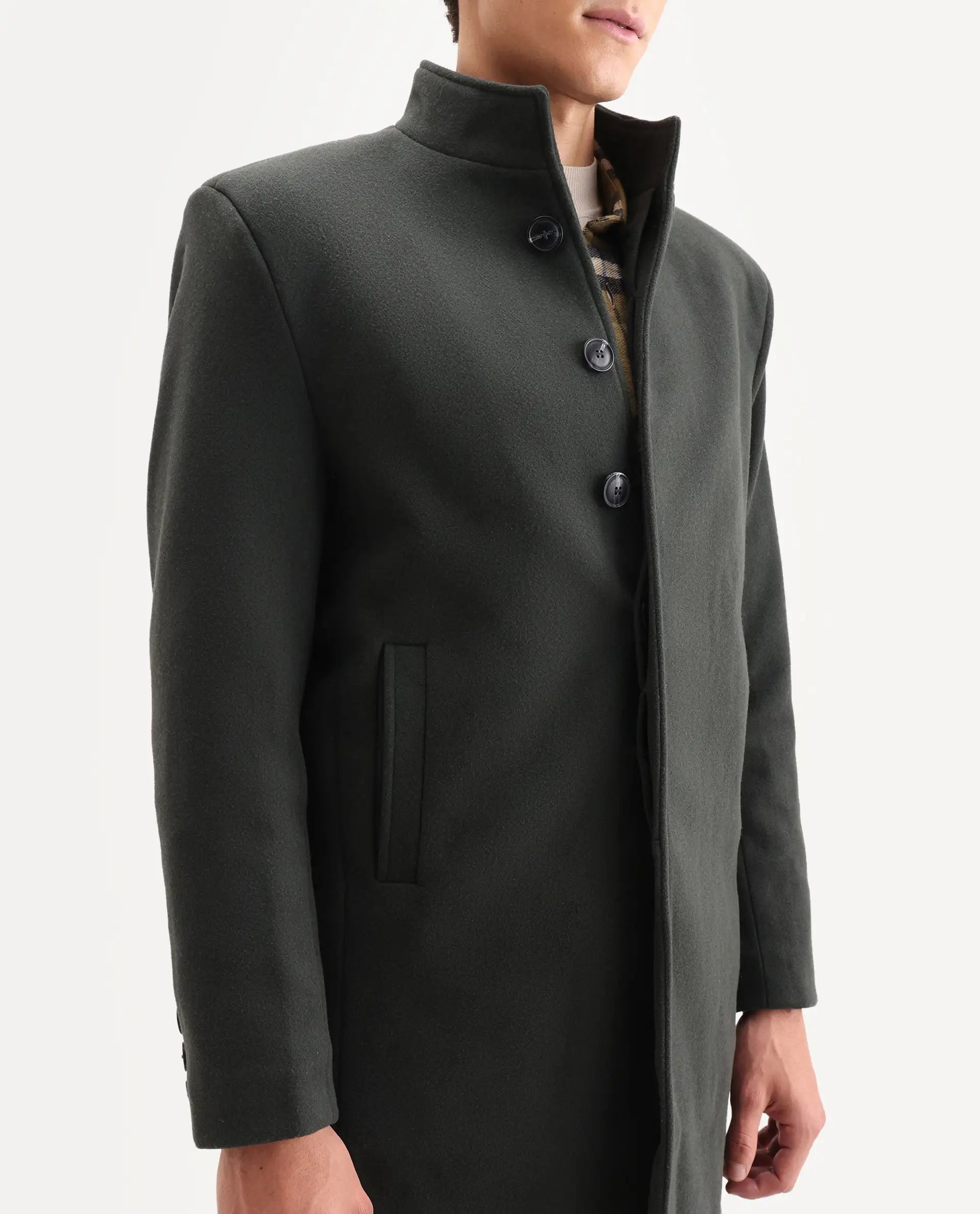 Rare Rabbit Men's Dune-2 Olive Polyester Blend Plain Relaxed Fit Full Sleeve High Neck Coat