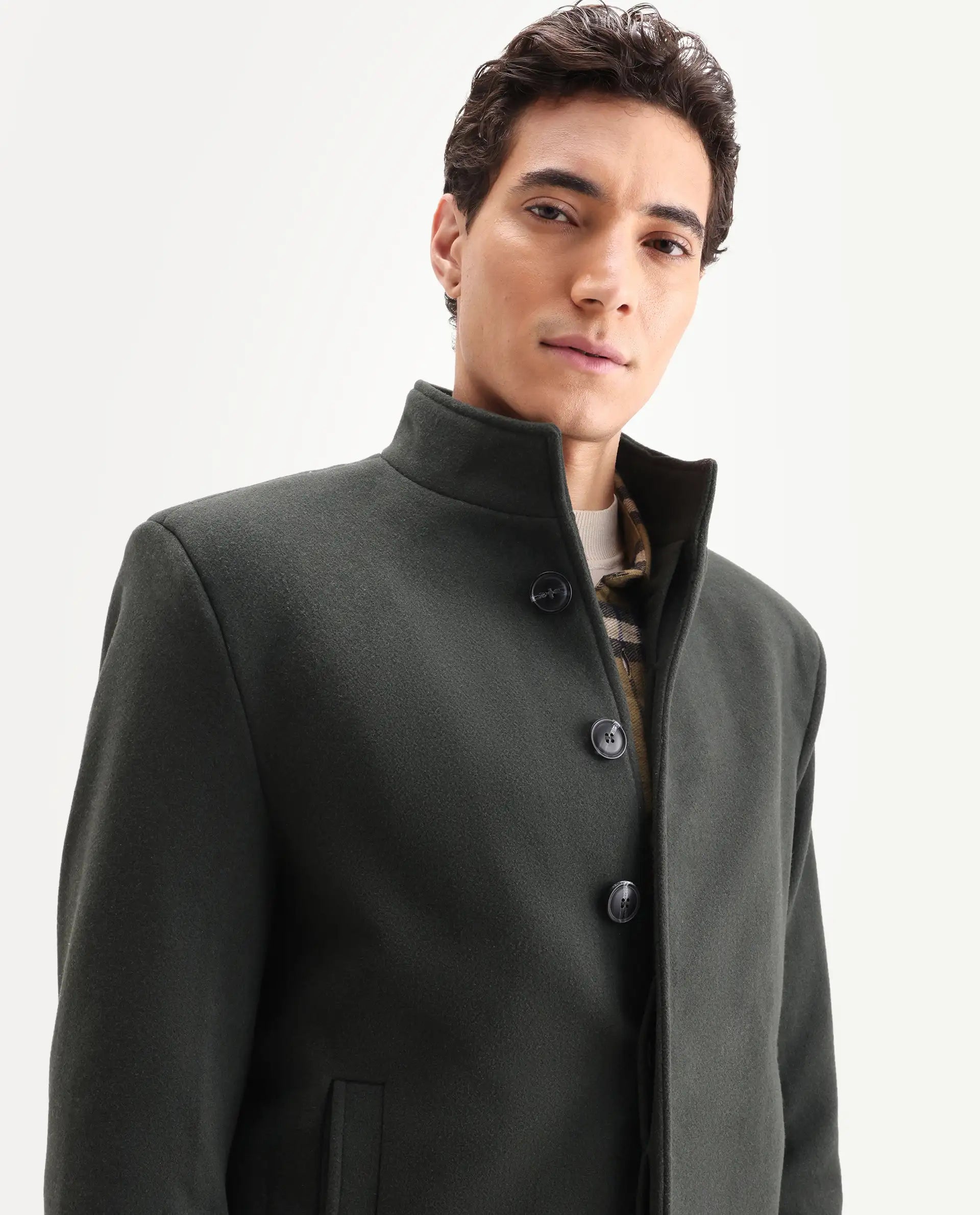 Rare Rabbit Men's Dune-2 Olive Polyester Blend Plain Relaxed Fit Full Sleeve High Neck Coat