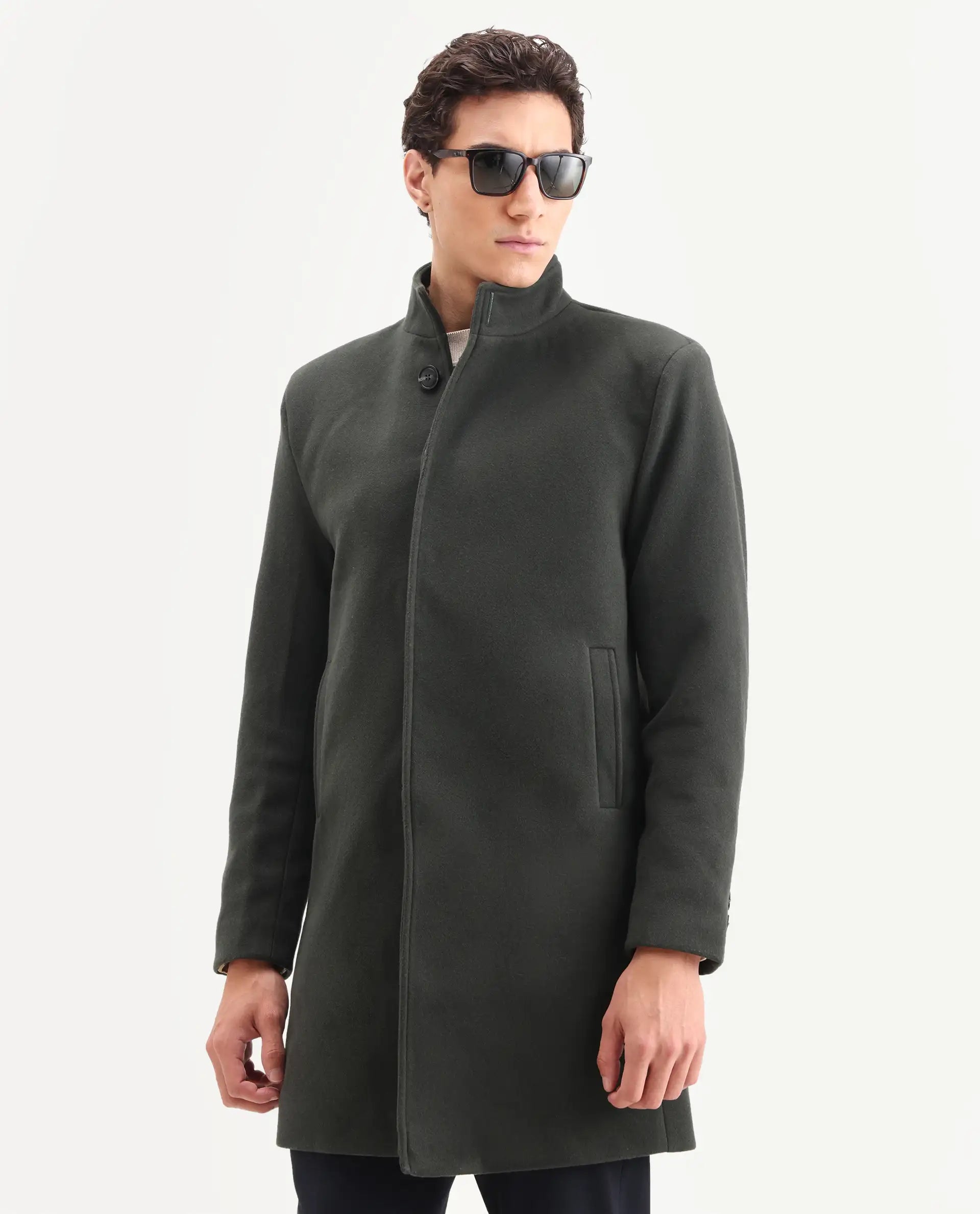 Rare Rabbit Men's Dune-2 Olive Polyester Blend Plain Relaxed Fit Full Sleeve High Neck Coat