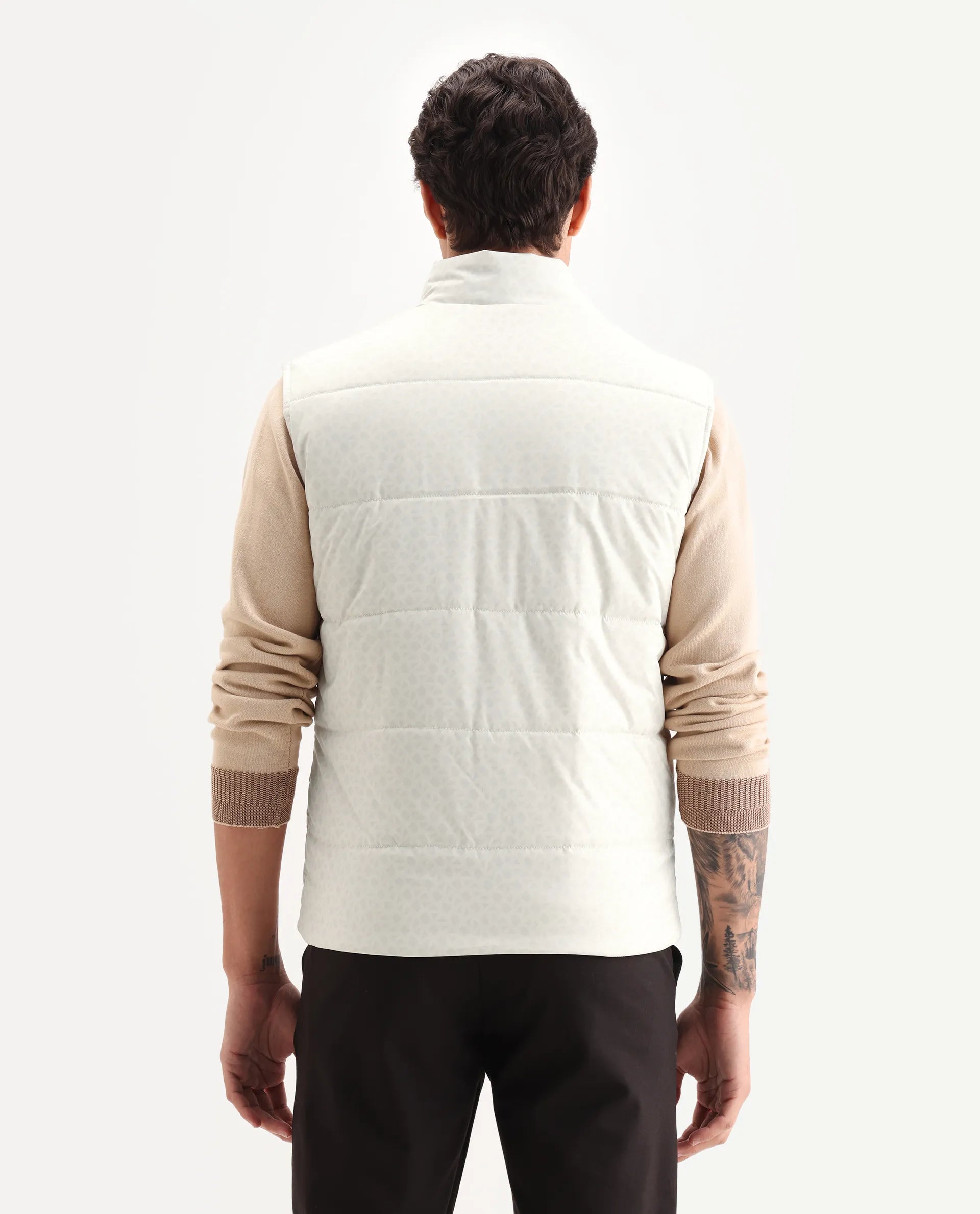 Rare Rabbit Men's Darif White Polyester Printed Regular Fit Sleeveless High Neck Jacket