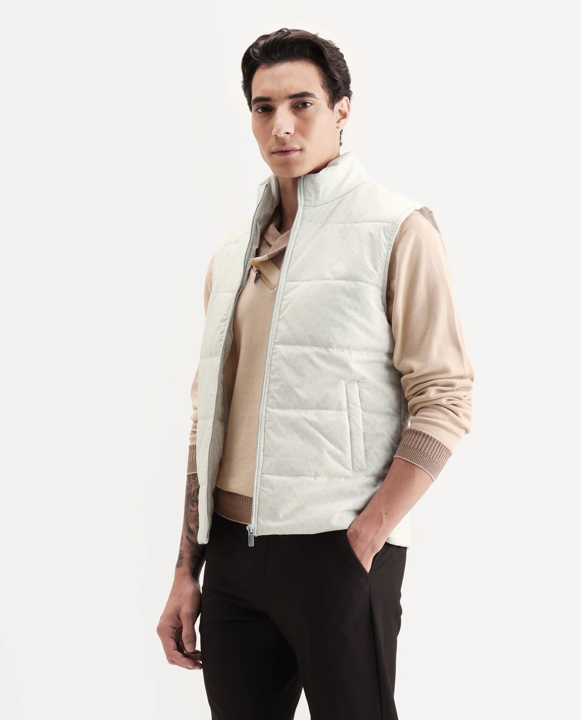 Rare Rabbit Men's Darif White Polyester Printed Regular Fit Sleeveless High Neck Jacket