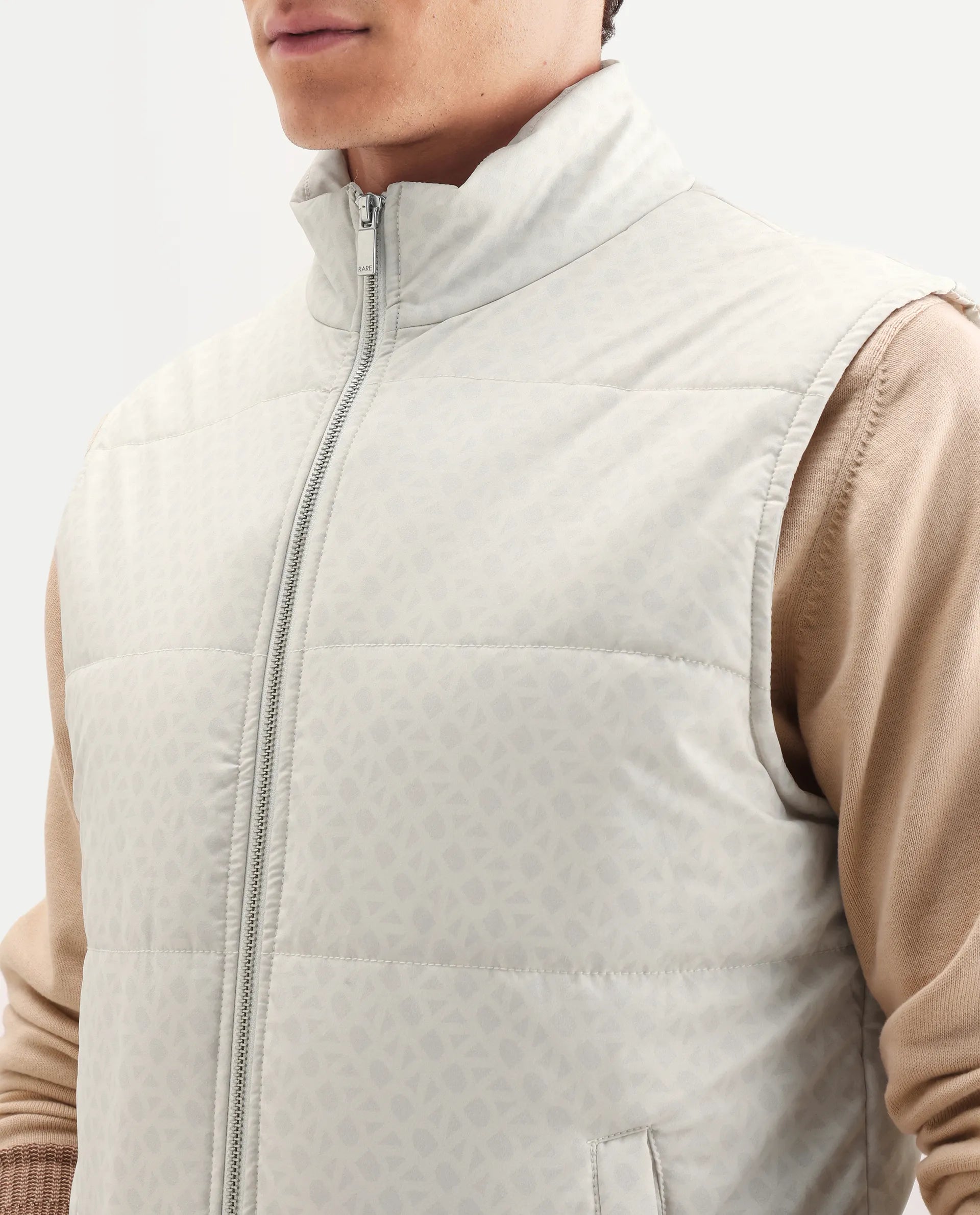 Rare Rabbit Men's Darif White Polyester Printed Regular Fit Sleeveless High Neck Jacket