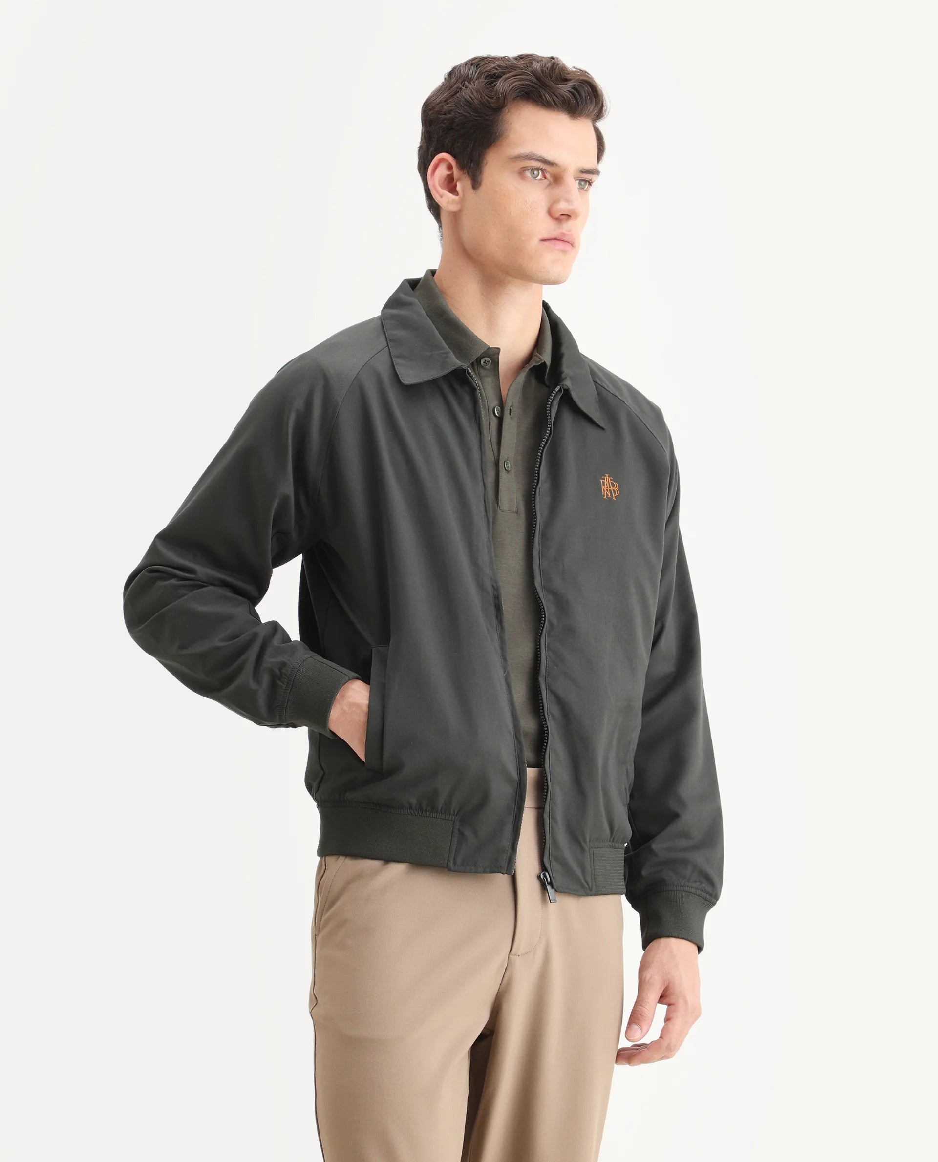 Rare Rabbit Men's Clayon Olive Polyester Embroidered Regular Fit Full Sleeve Spread Collar Jacket