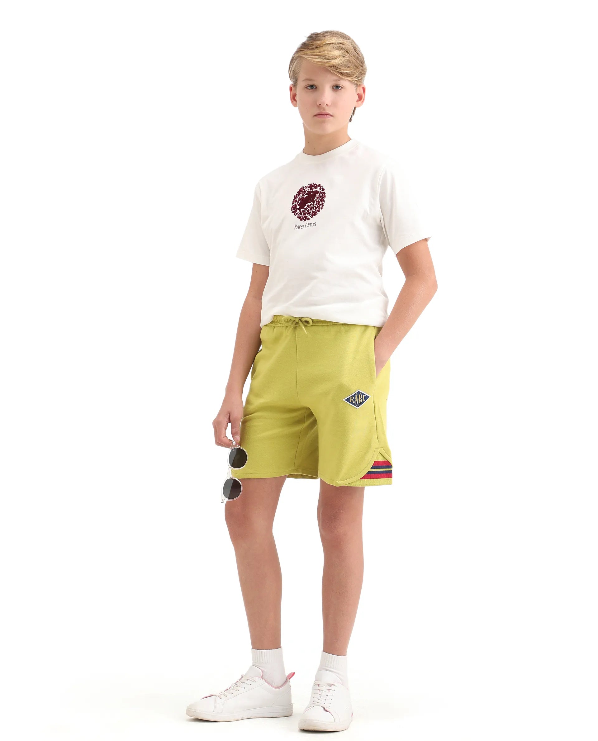 Rare Ones Kids Mantz Light Green Cotton Poly Drawstring Applique Short