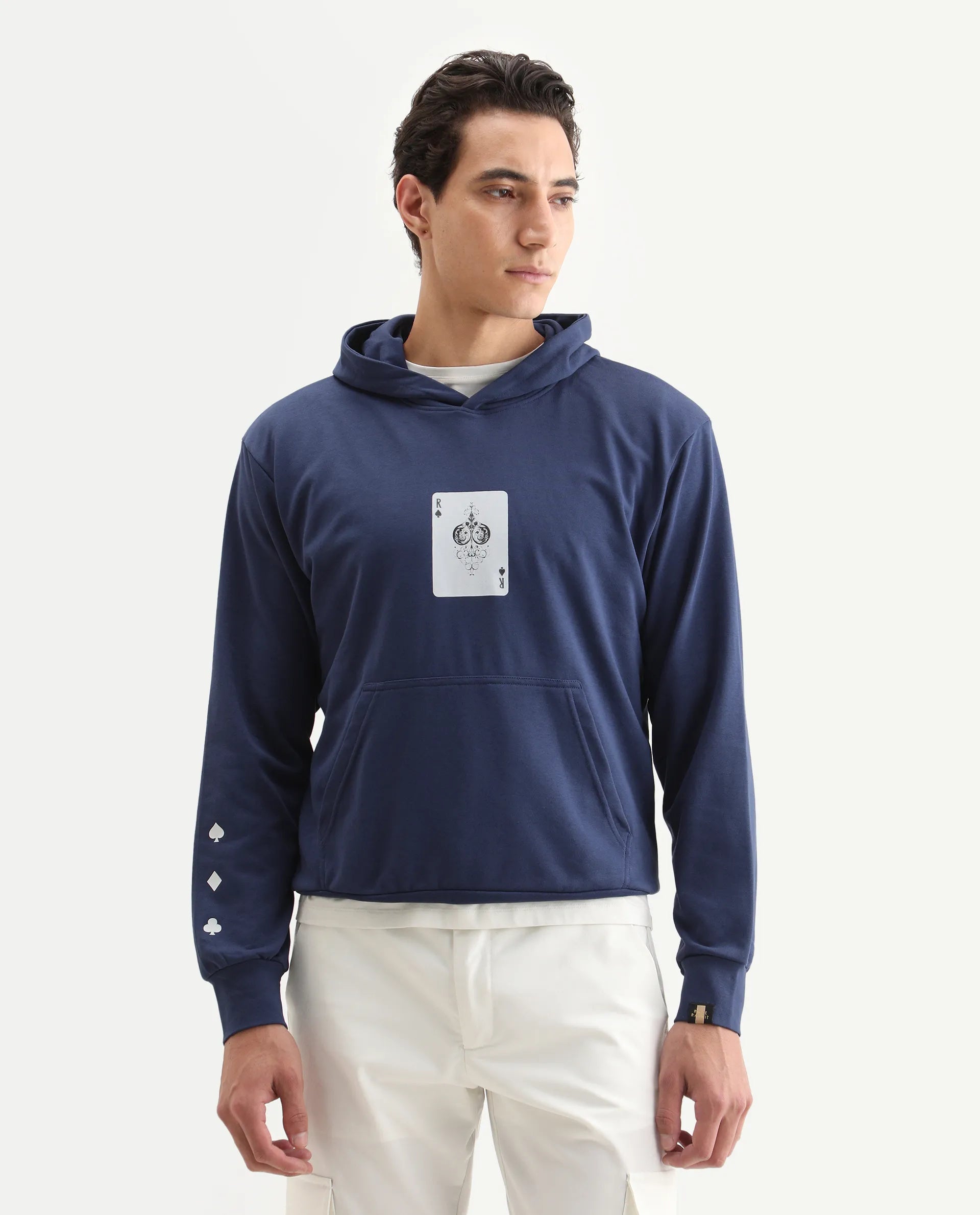 Rare Rabbit Men's Meloro Navy Cotton Blend Graphic Print Regular Fit Full Sleeve Hooded Sweatshirt