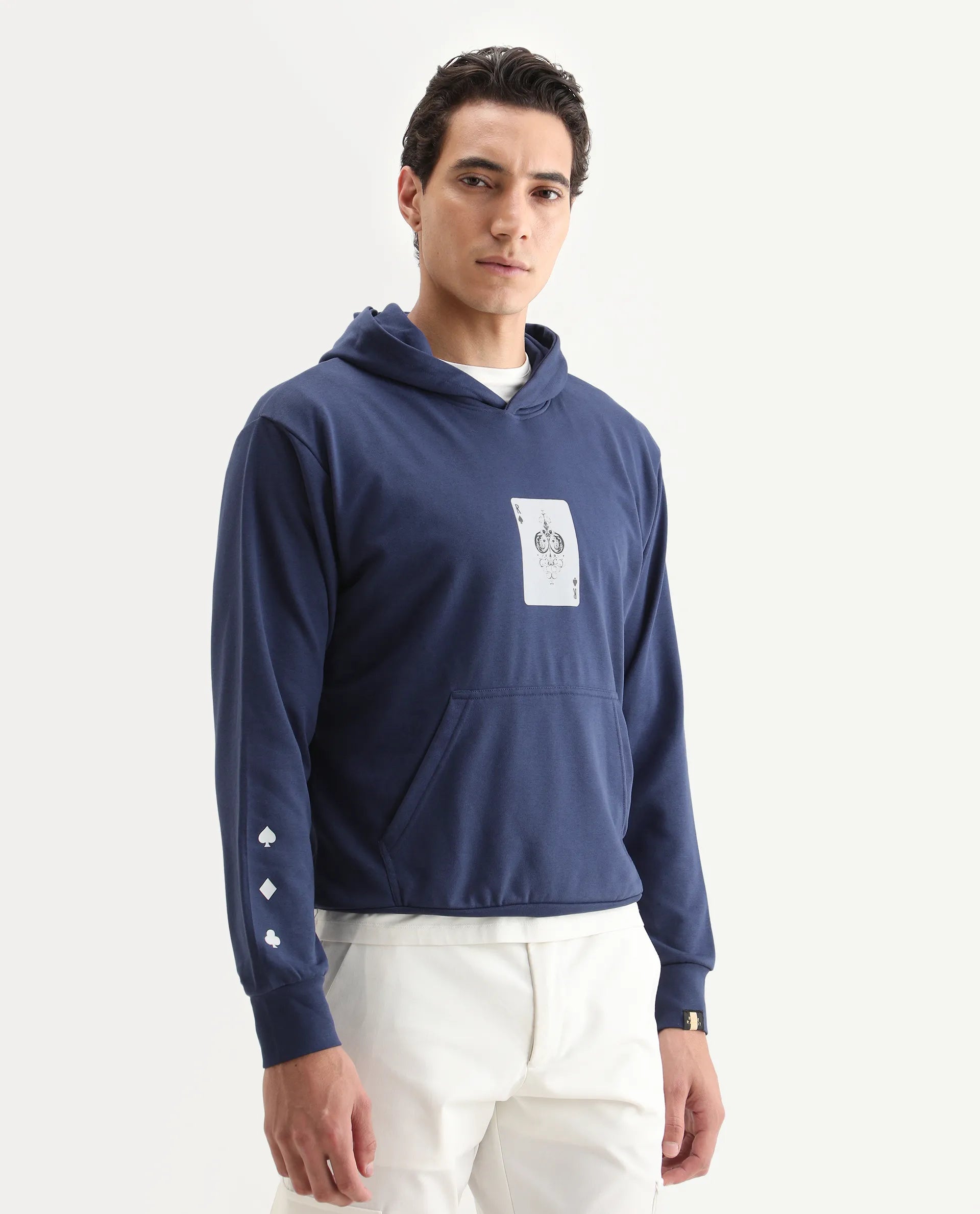 Rare Rabbit Men's Meloro Navy Cotton Blend Graphic Print Regular Fit Full Sleeve Hooded Sweatshirt