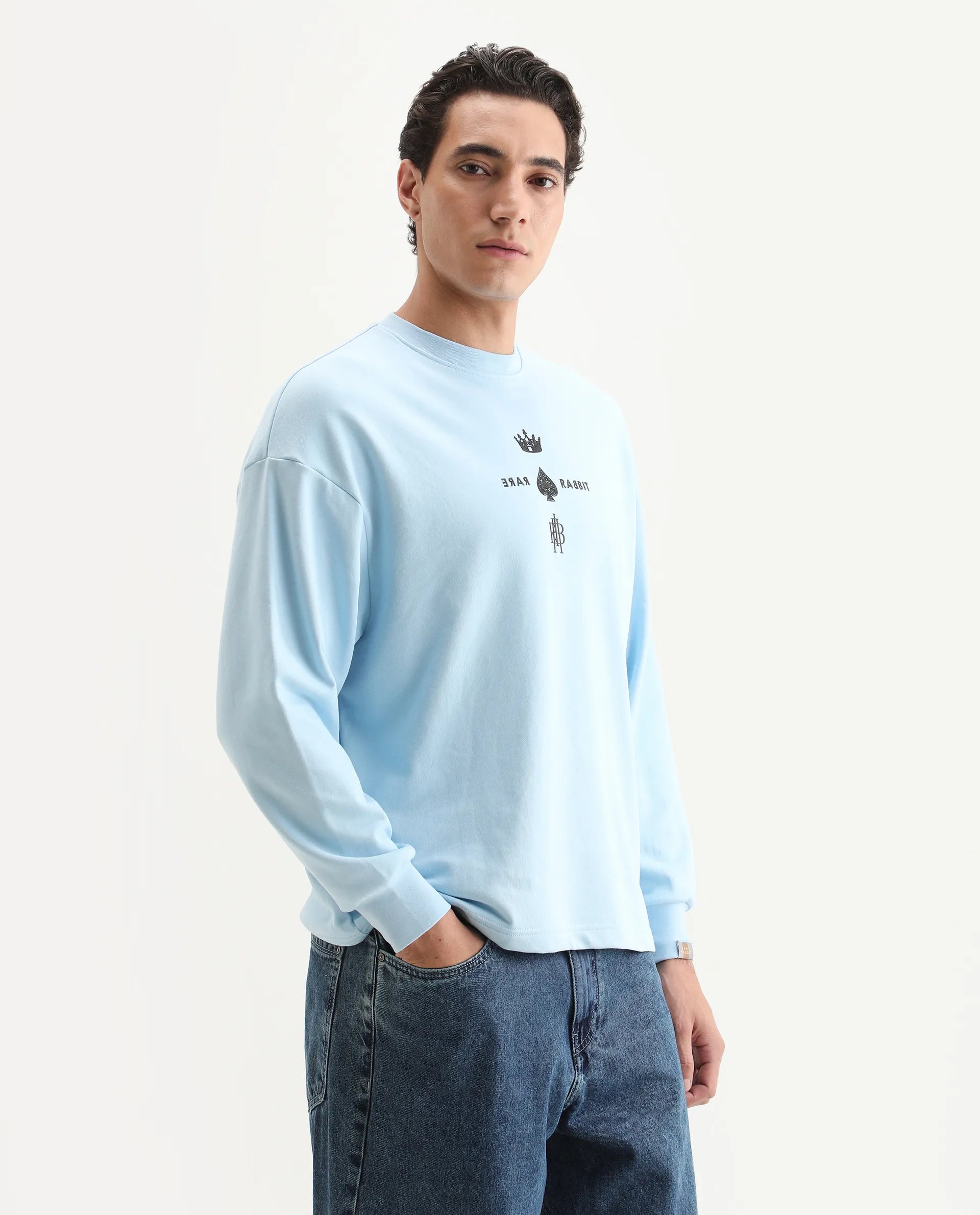 Rare Rabbit Men's Remor Light Blue Cotton Graphic Print Regular Fit Full Sleeve Crew Neck Sweatshirt