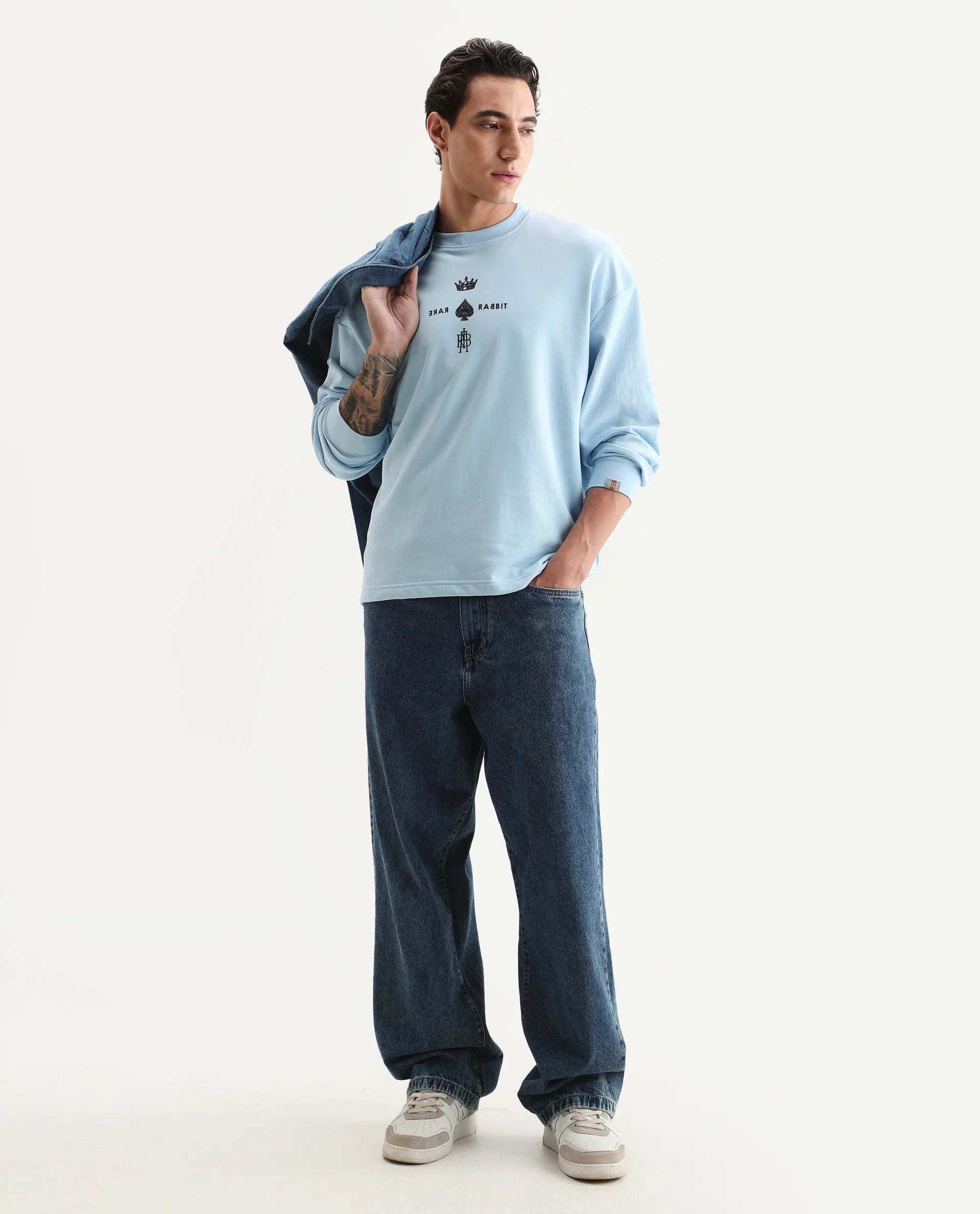 Rare Rabbit Men's Remor Light Blue Cotton Graphic Print Regular Fit Full Sleeve Crew Neck Sweatshirt