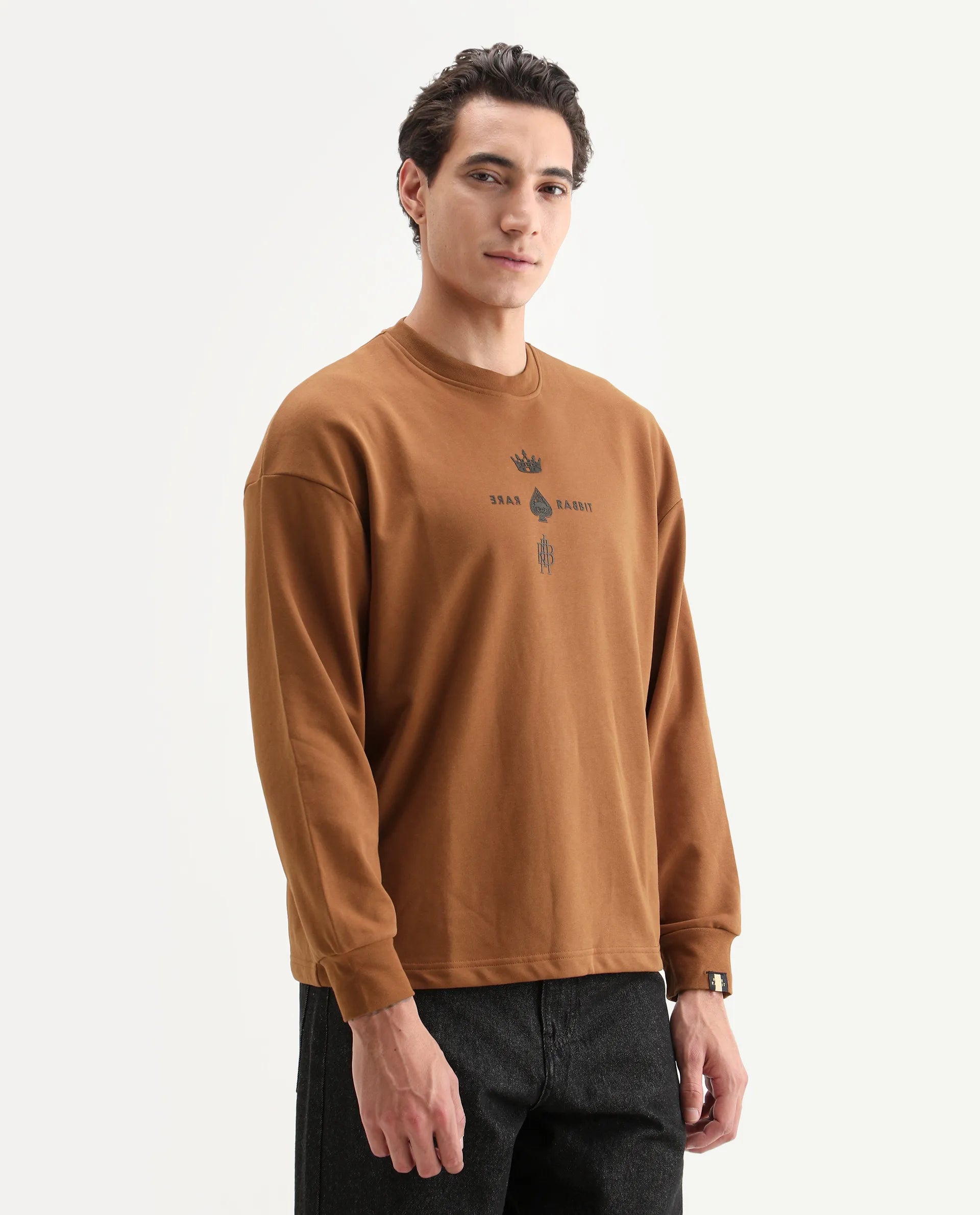 Rare Rabbit Men's Remor Rust Cotton Graphic Print Regular Fit Full Sleeve Crew Neck Sweatshirt