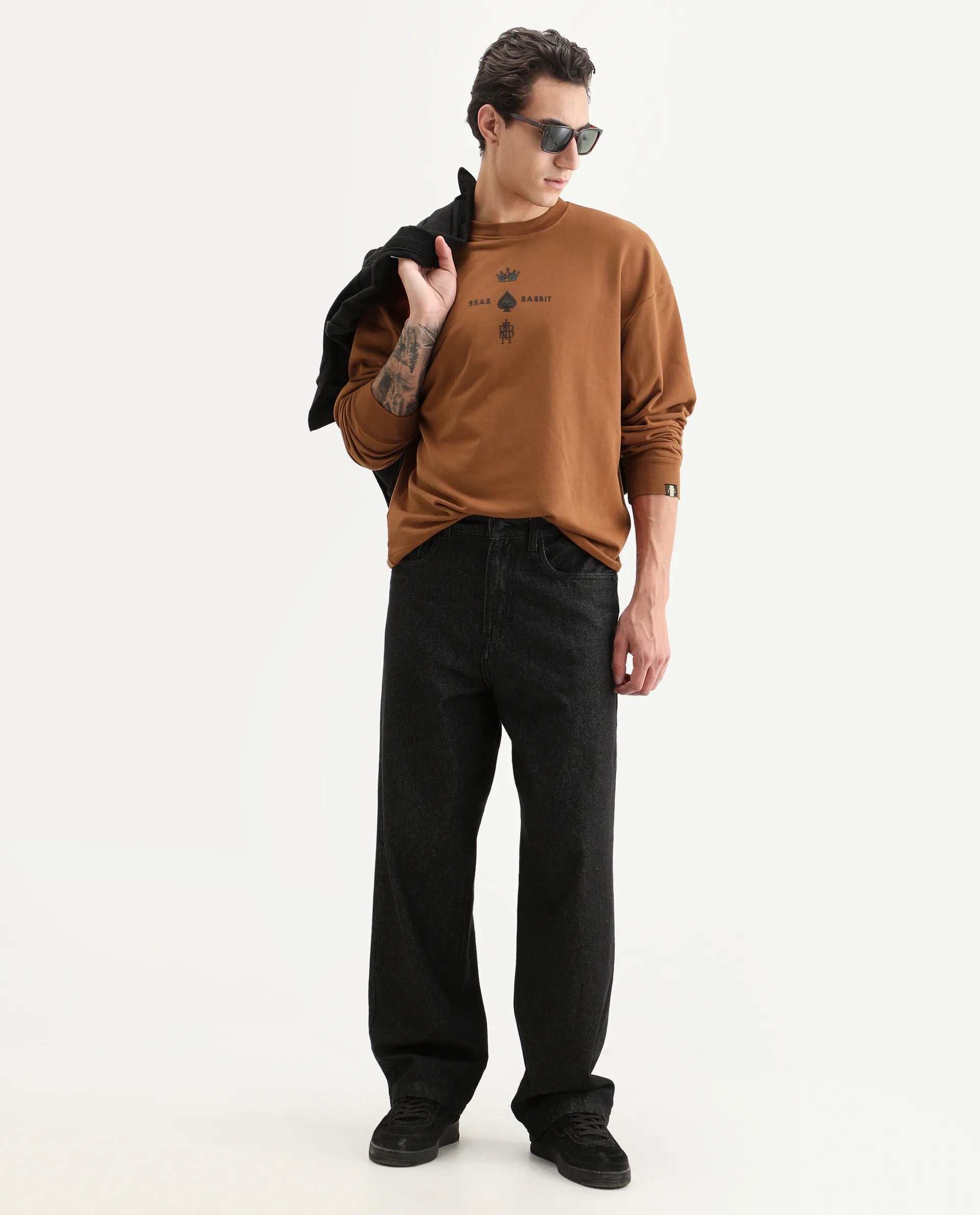 Rare Rabbit Men's Remor Rust Cotton Graphic Print Regular Fit Full Sleeve Crew Neck Sweatshirt