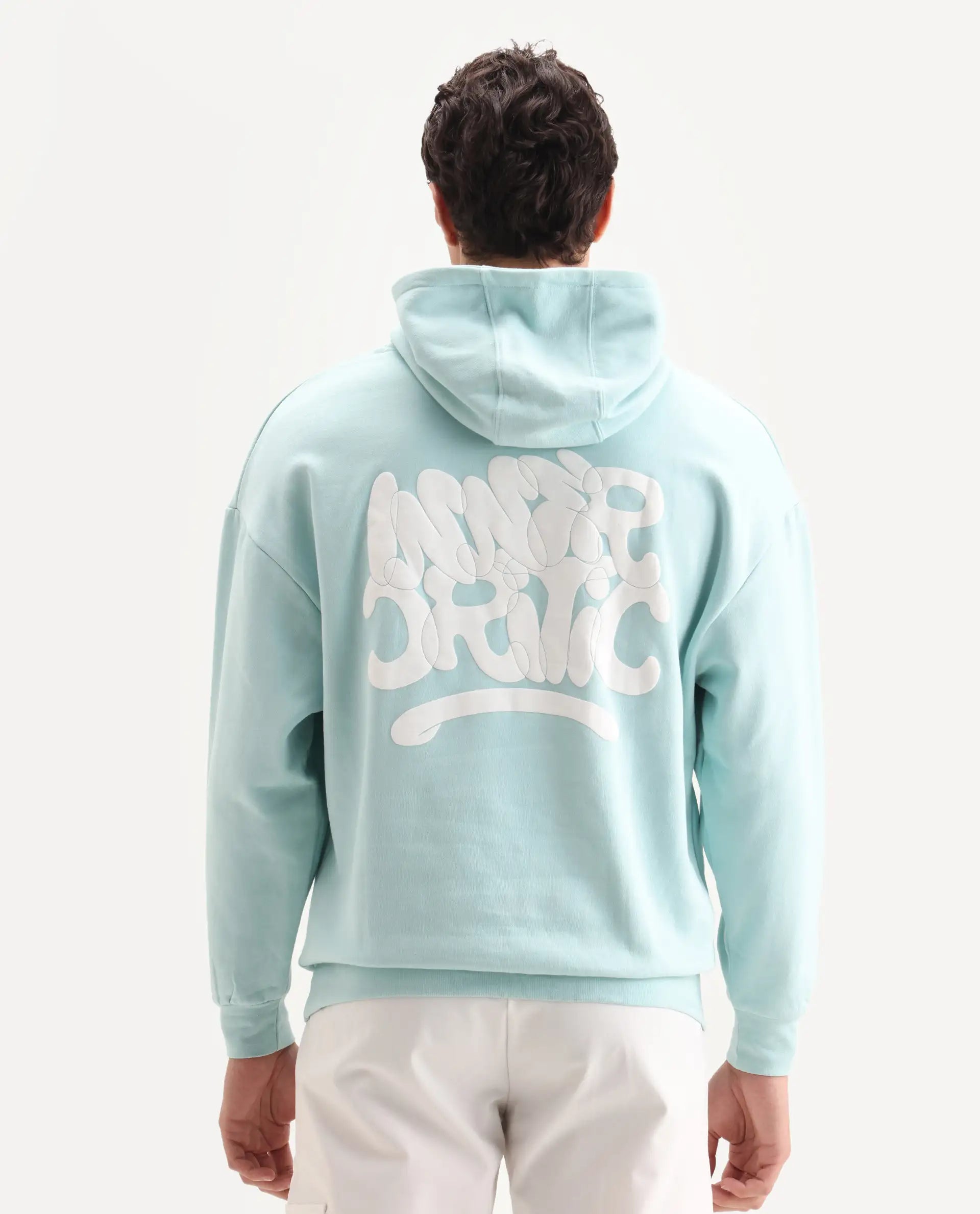Rare Rabbit Men's Laurl Light Turq Cotton Blend Typography Print Boxy Fit Full Sleeve Hooded Sweatshirt