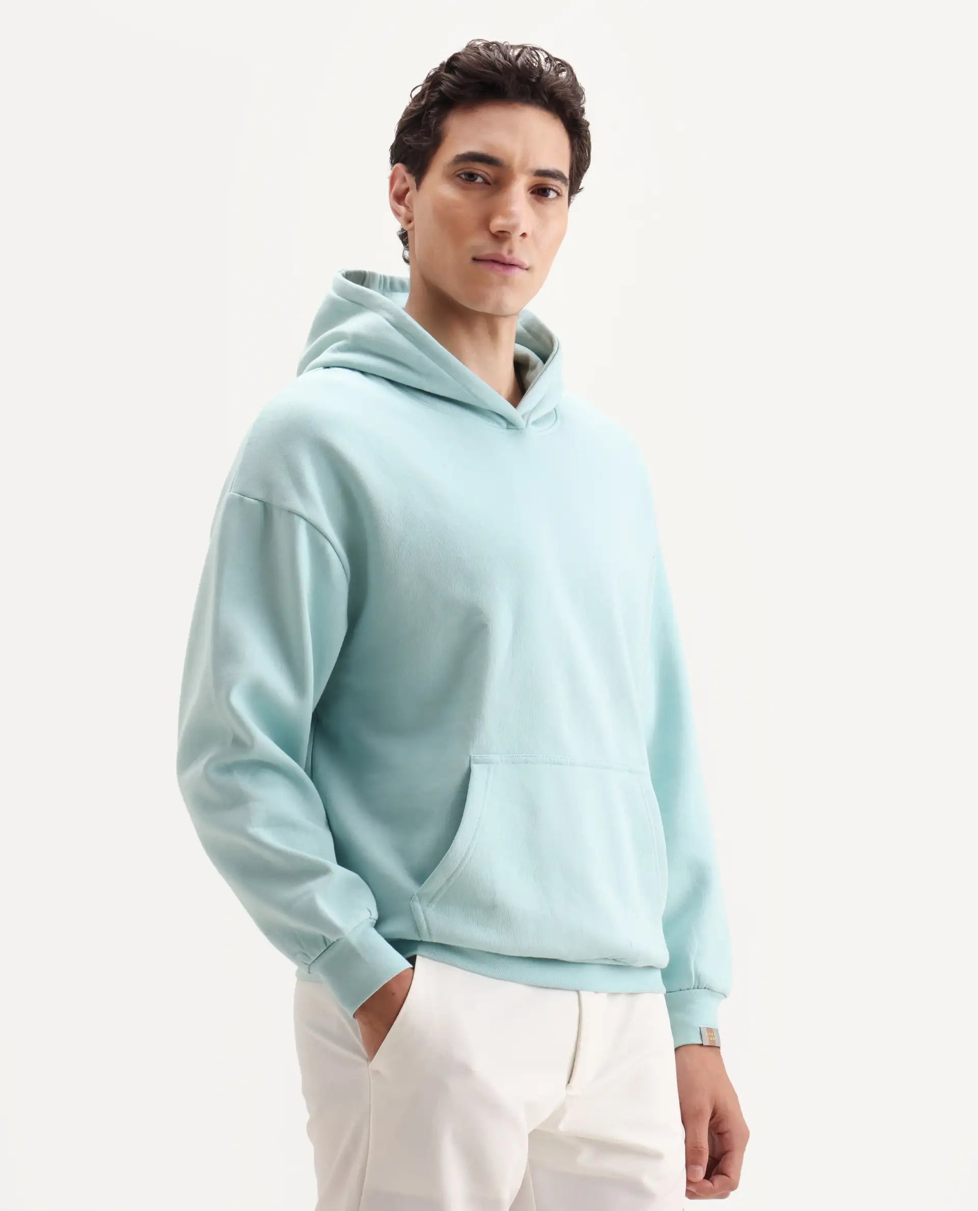 Rare Rabbit Men's Laurl Light Turq Cotton Blend Typography Print Boxy Fit Full Sleeve Hooded Sweatshirt