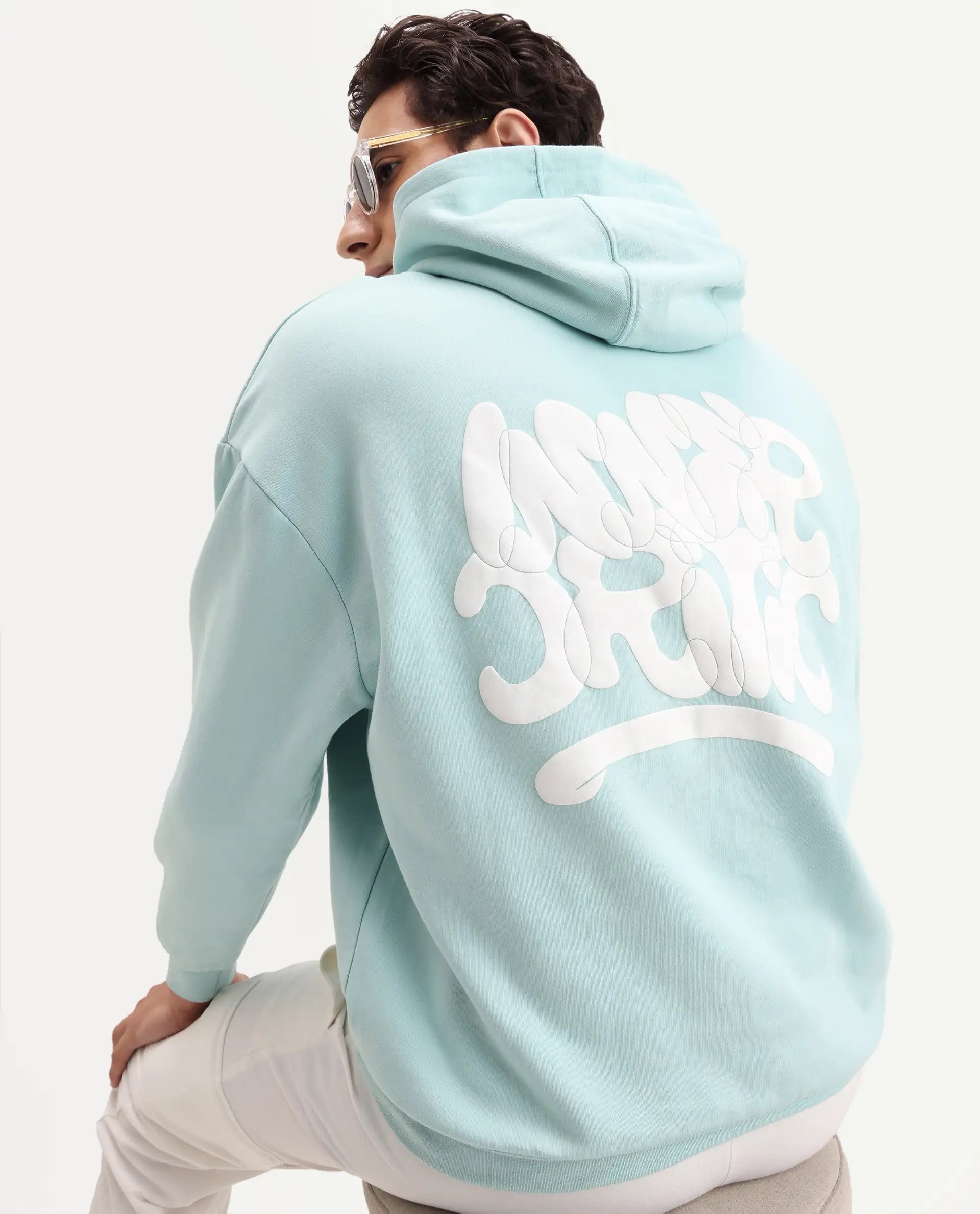 Rare Rabbit Men's Laurl Light Turq Cotton Blend Typography Print Boxy Fit Full Sleeve Hooded Sweatshirt