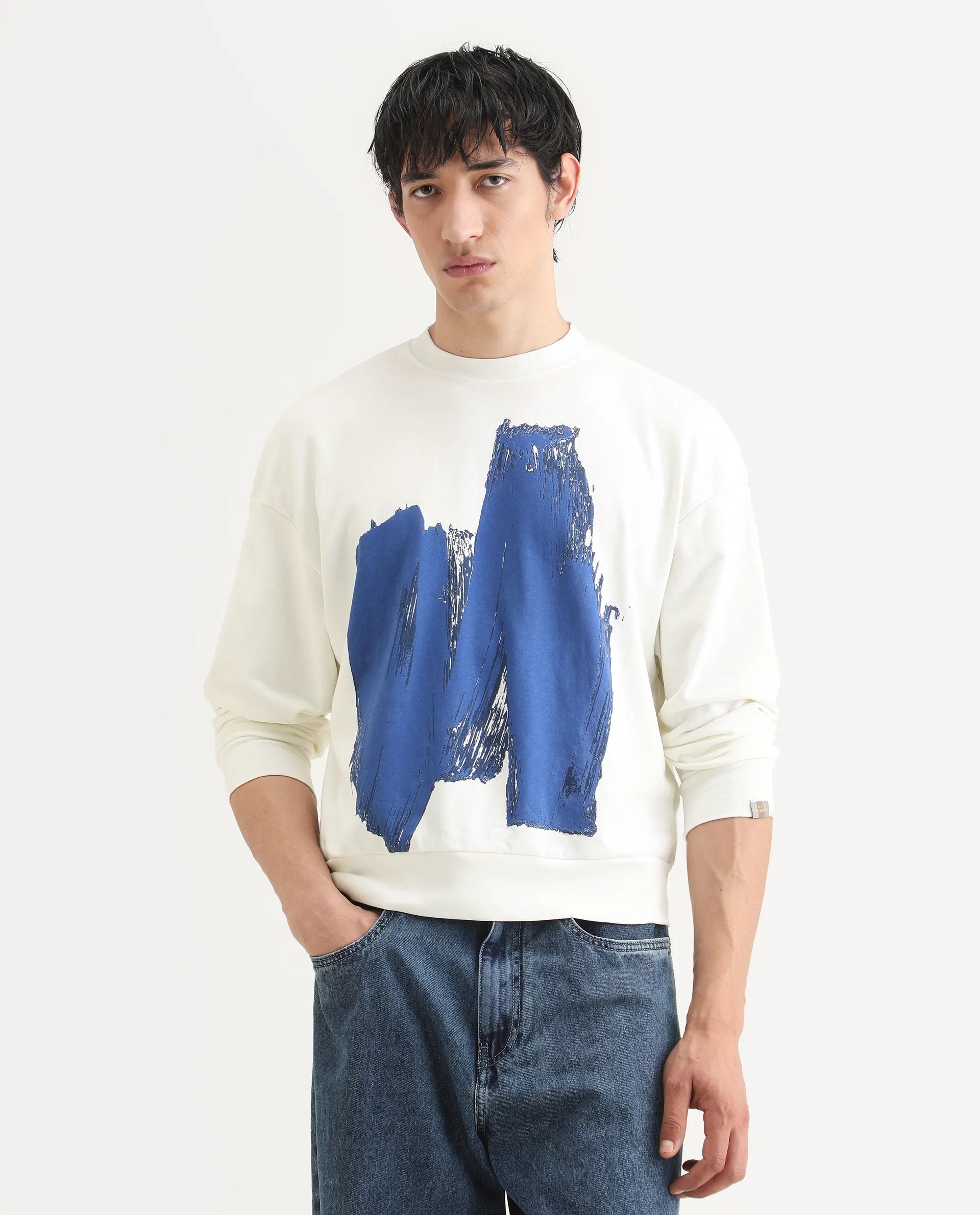Rare Rabbit Men's Bade Off White Cotton Abstract Print Boxy Fit Full Sleeve Crew Neck Sweatshirt