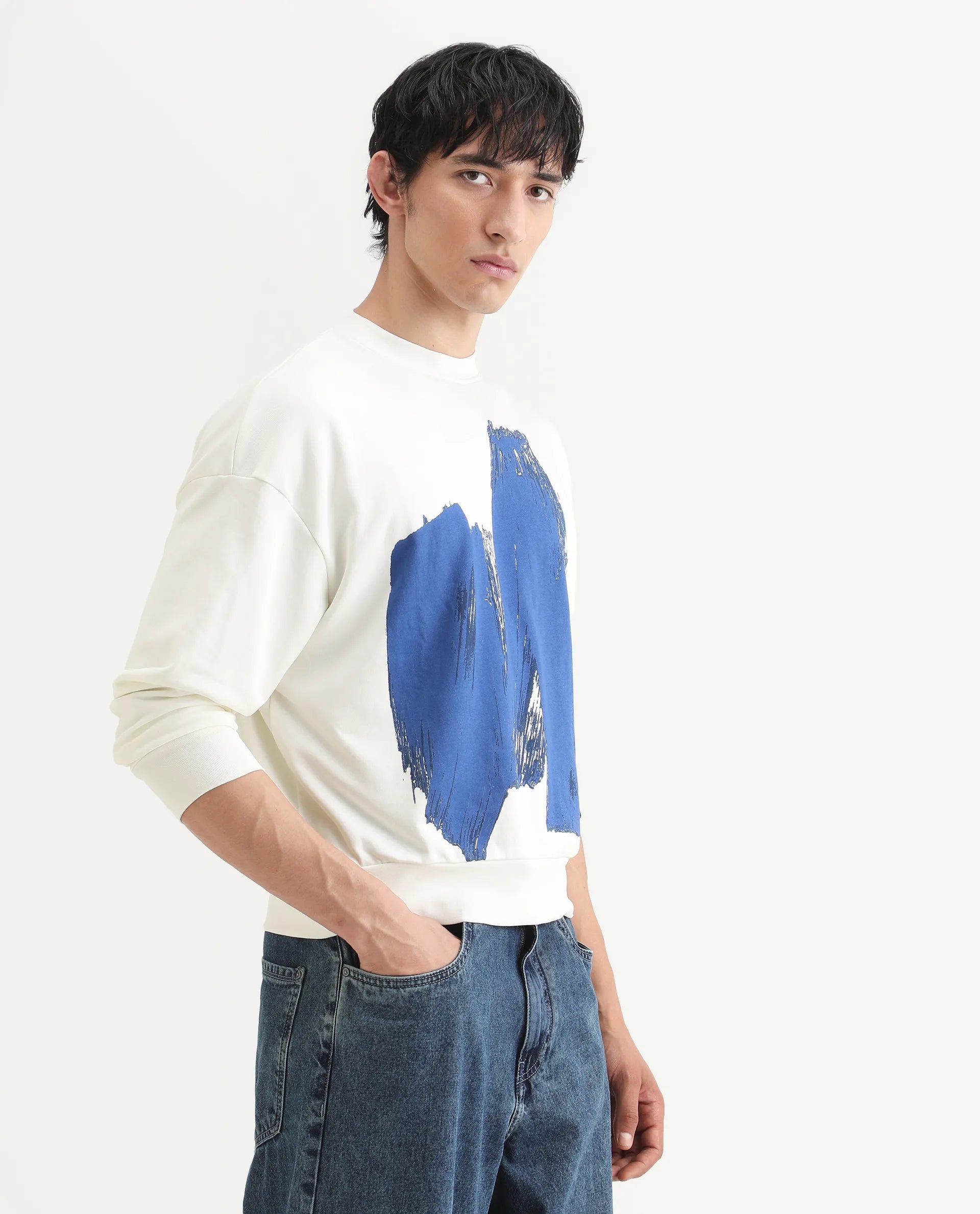 Rare Rabbit Men's Bade Off White Cotton Abstract Print Boxy Fit Full Sleeve Crew Neck Sweatshirt