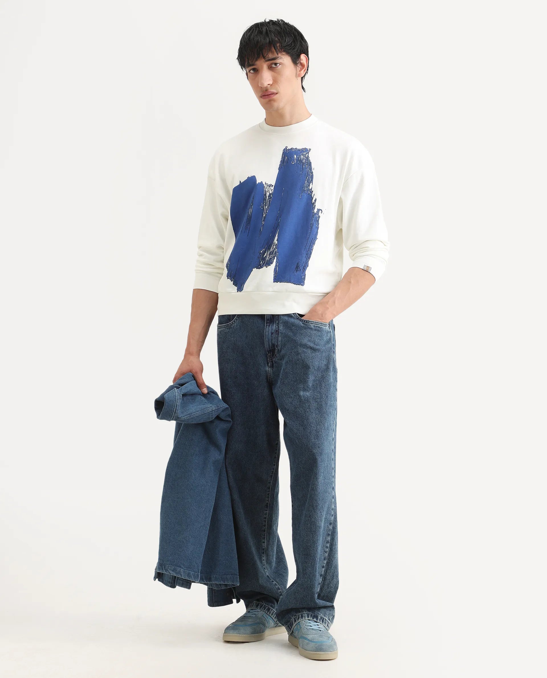 Rare Rabbit Men's Bade Off White Cotton Abstract Print Boxy Fit Full Sleeve Crew Neck Sweatshirt