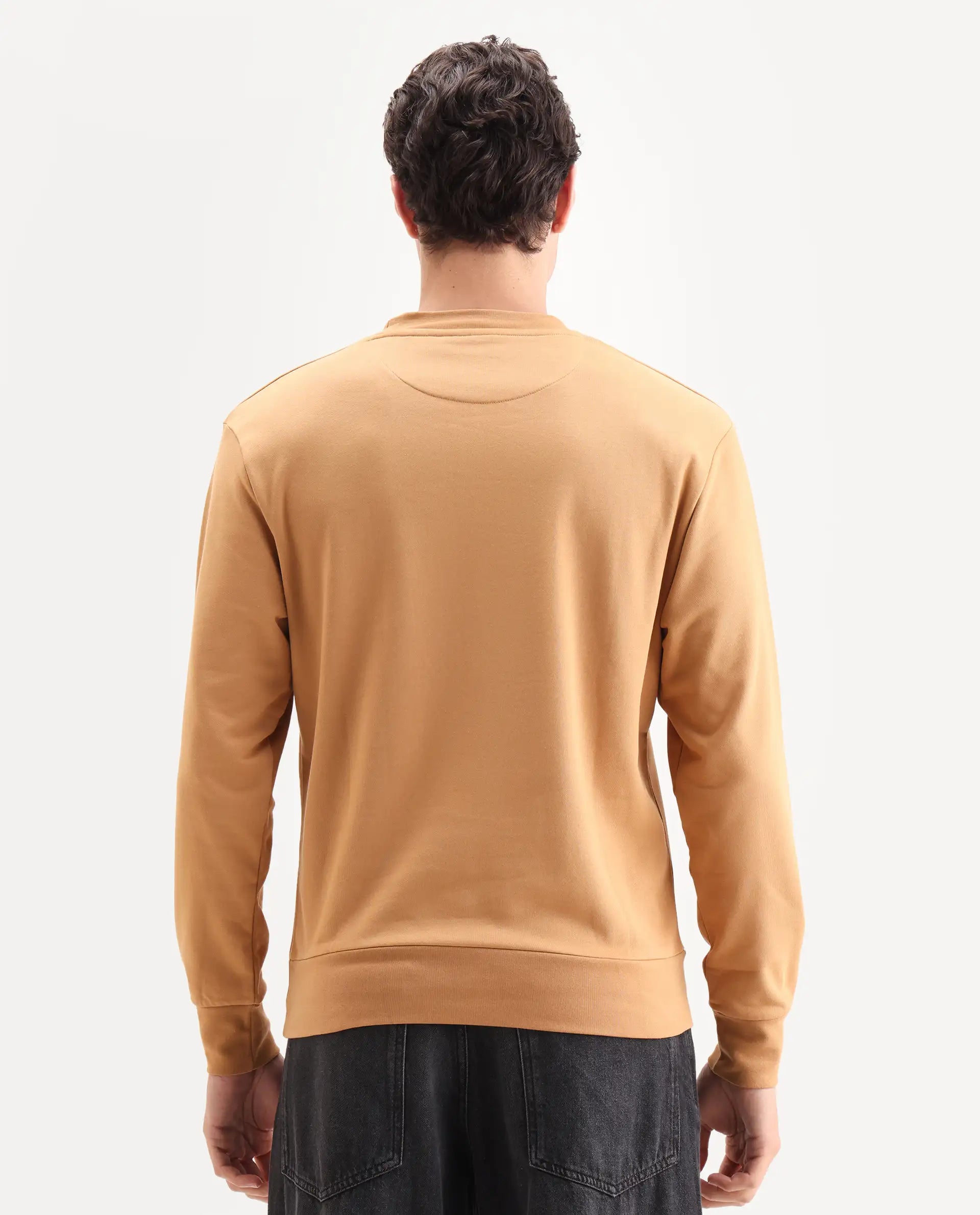 Rare Rabbit Men's Emry Mustard Cotton Blend Graphic Print Regular Fit Full Sleeve Crew Neck Sweatshirt