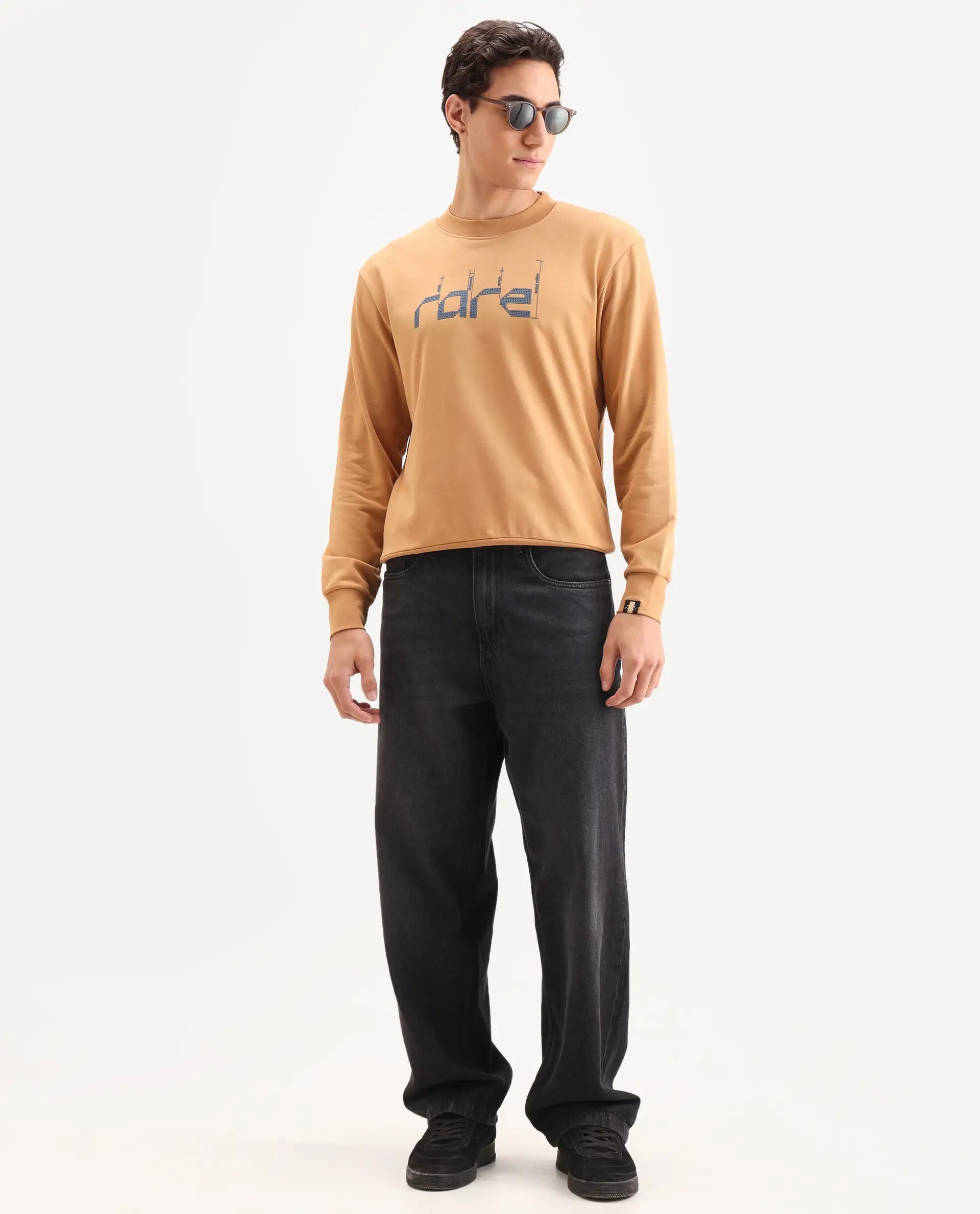 Rare Rabbit Men's Emry Mustard Cotton Blend Graphic Print Regular Fit Full Sleeve Crew Neck Sweatshirt