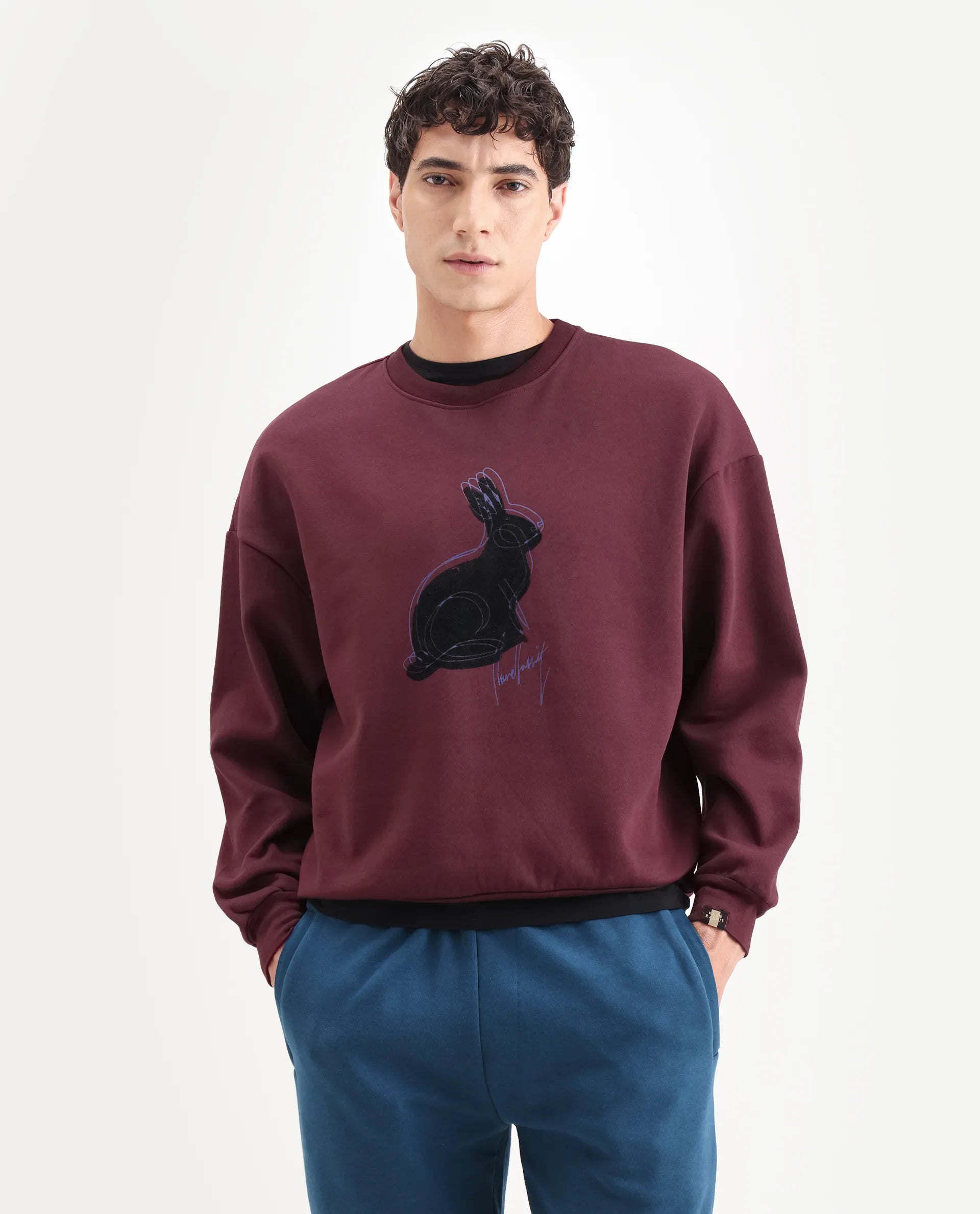 Rare Rabbit Men's Ezy Maroon Cotton Blend Graphic Print Oversized Fit Full Sleeve Crew Neck Sweatshirt