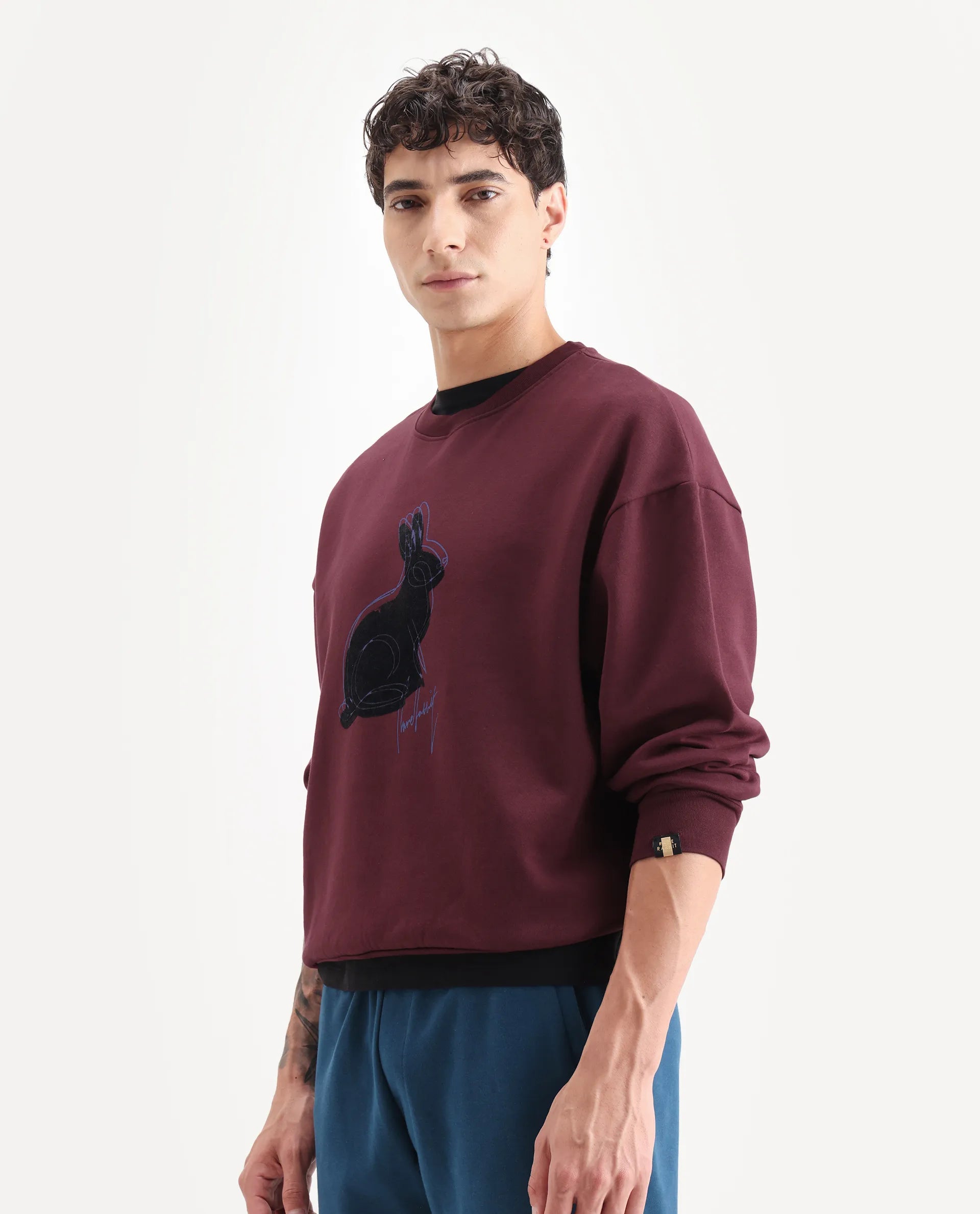 Rare Rabbit Men's Ezy Maroon Cotton Blend Graphic Print Oversized Fit Full Sleeve Crew Neck Sweatshirt
