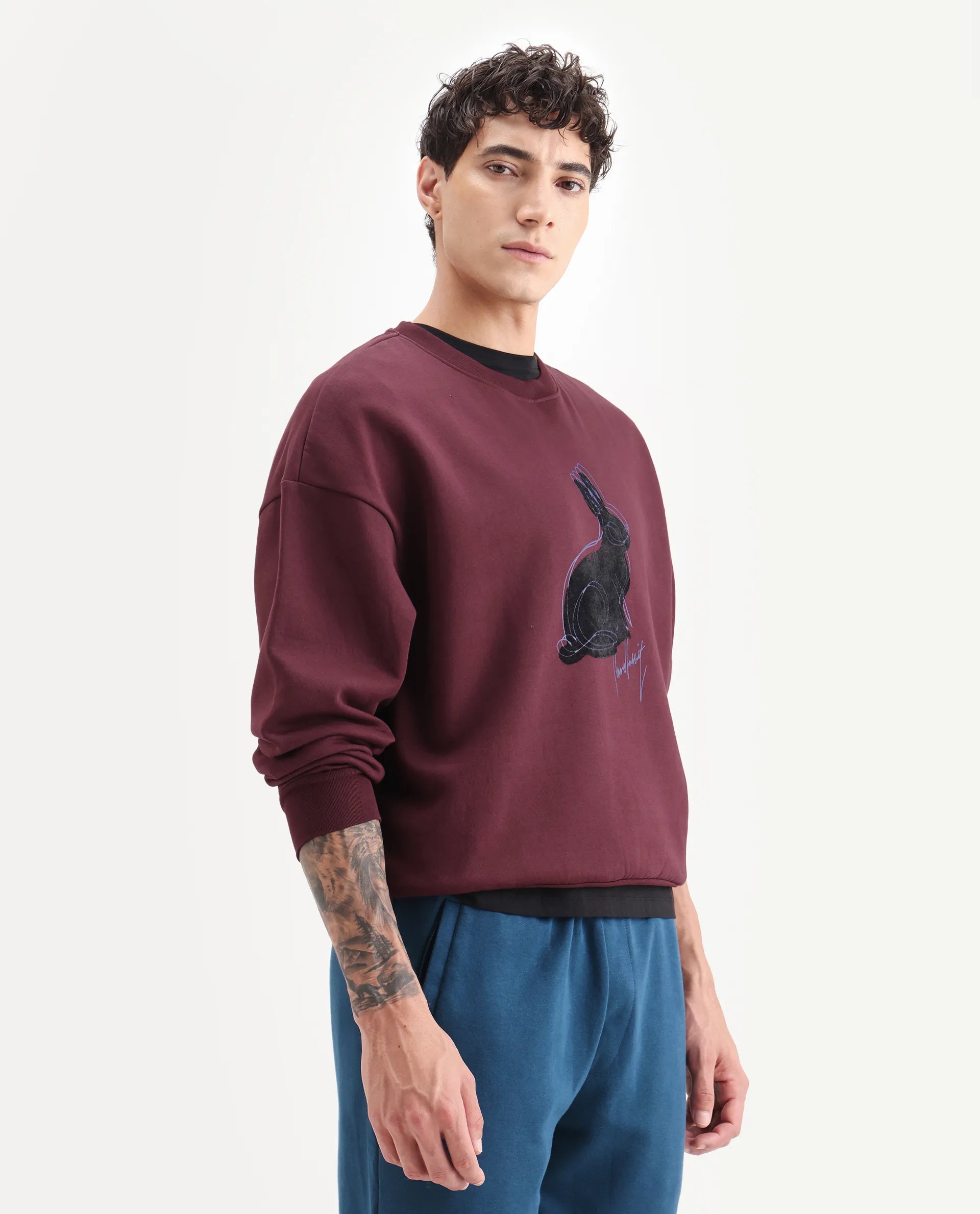 Rare Rabbit Men's Ezy Maroon Cotton Blend Graphic Print Oversized Fit Full Sleeve Crew Neck Sweatshirt
