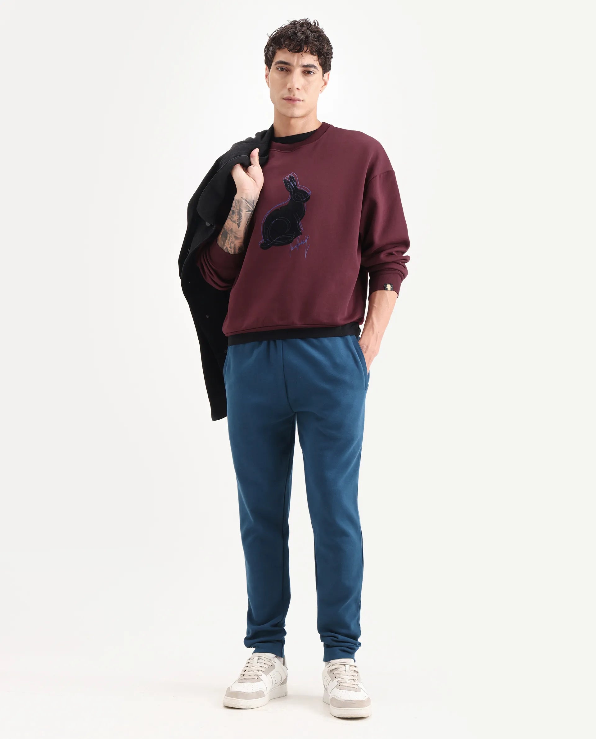 Rare Rabbit Men's Ezy Maroon Cotton Blend Graphic Print Oversized Fit Full Sleeve Crew Neck Sweatshirt