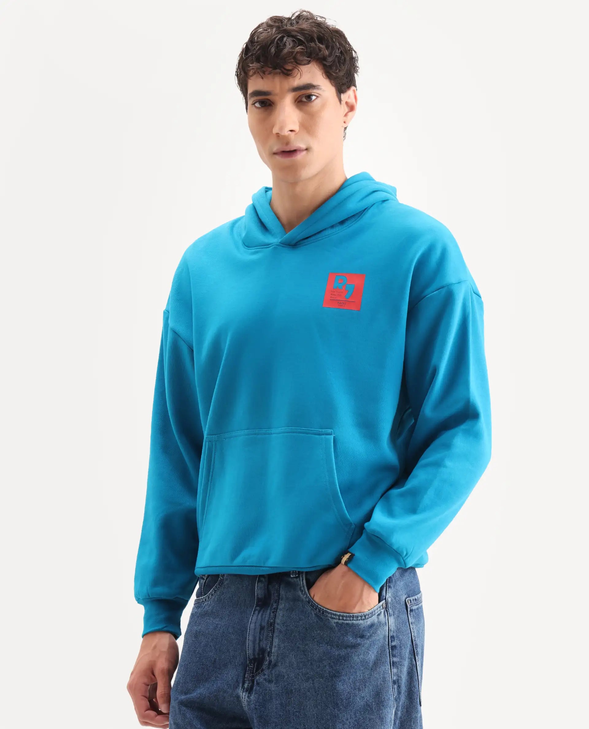 Rare Rabbit Men's Dary Flouroscent Blue Cotton Puff Print Boxy Fit Full Sleeve Hooded Sweatshirt