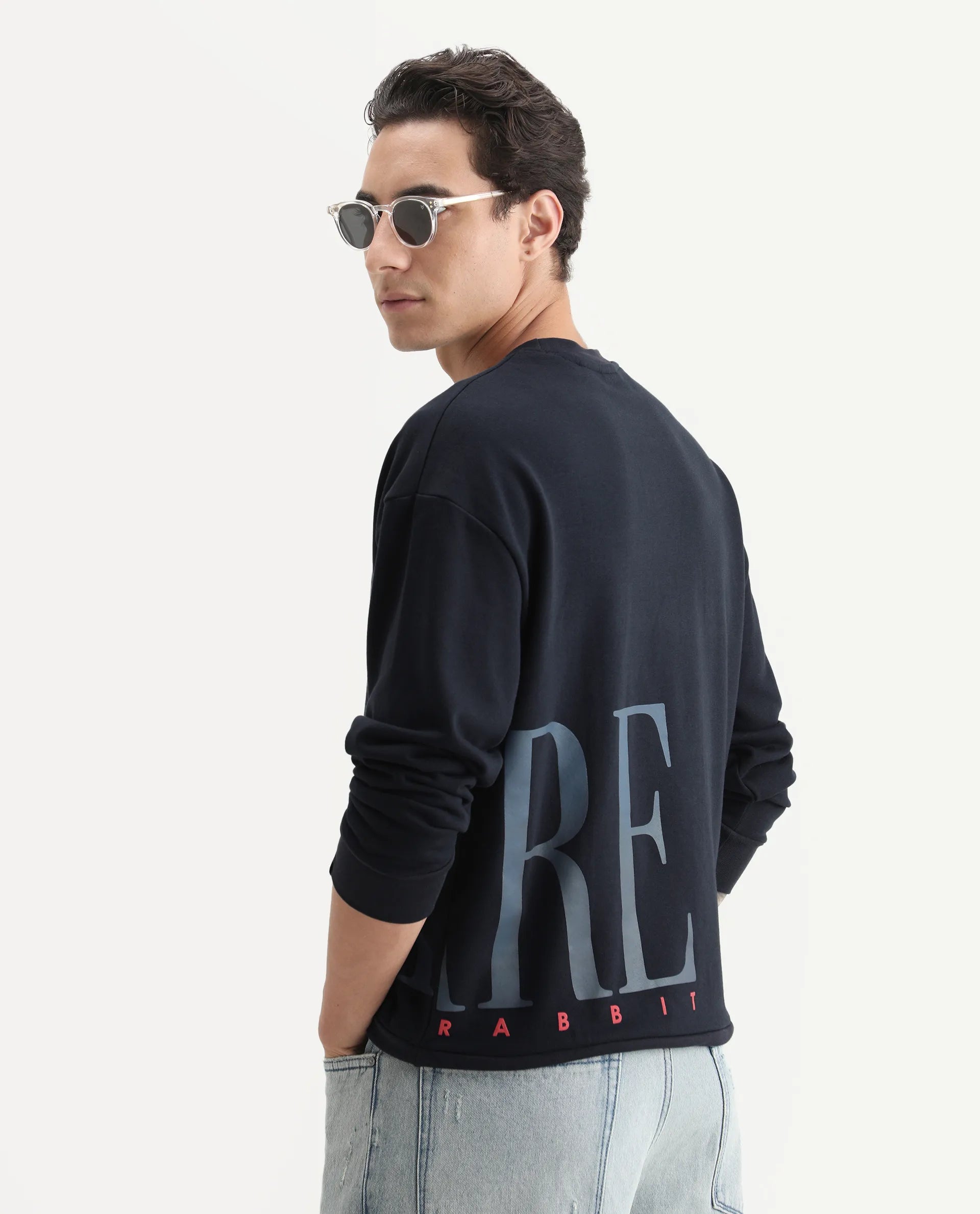 Rare Rabbit Men's Kacey Navy Cotton Graphic Print Oversized Fit Full Sleeve Crew Neck Sweatshirt
