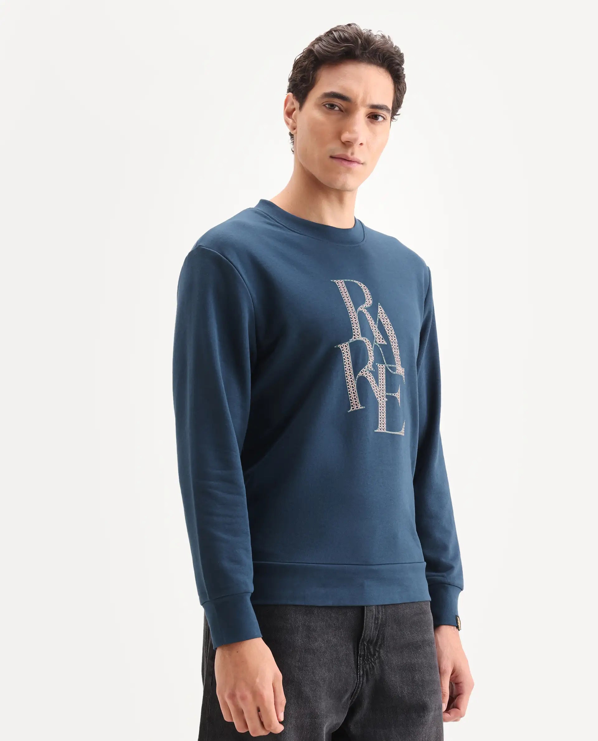 Rare Rabbit Men's Calixer Dark Green Graphic Print Regular Fit Full Sleeve Crew Neck Sweatshirt