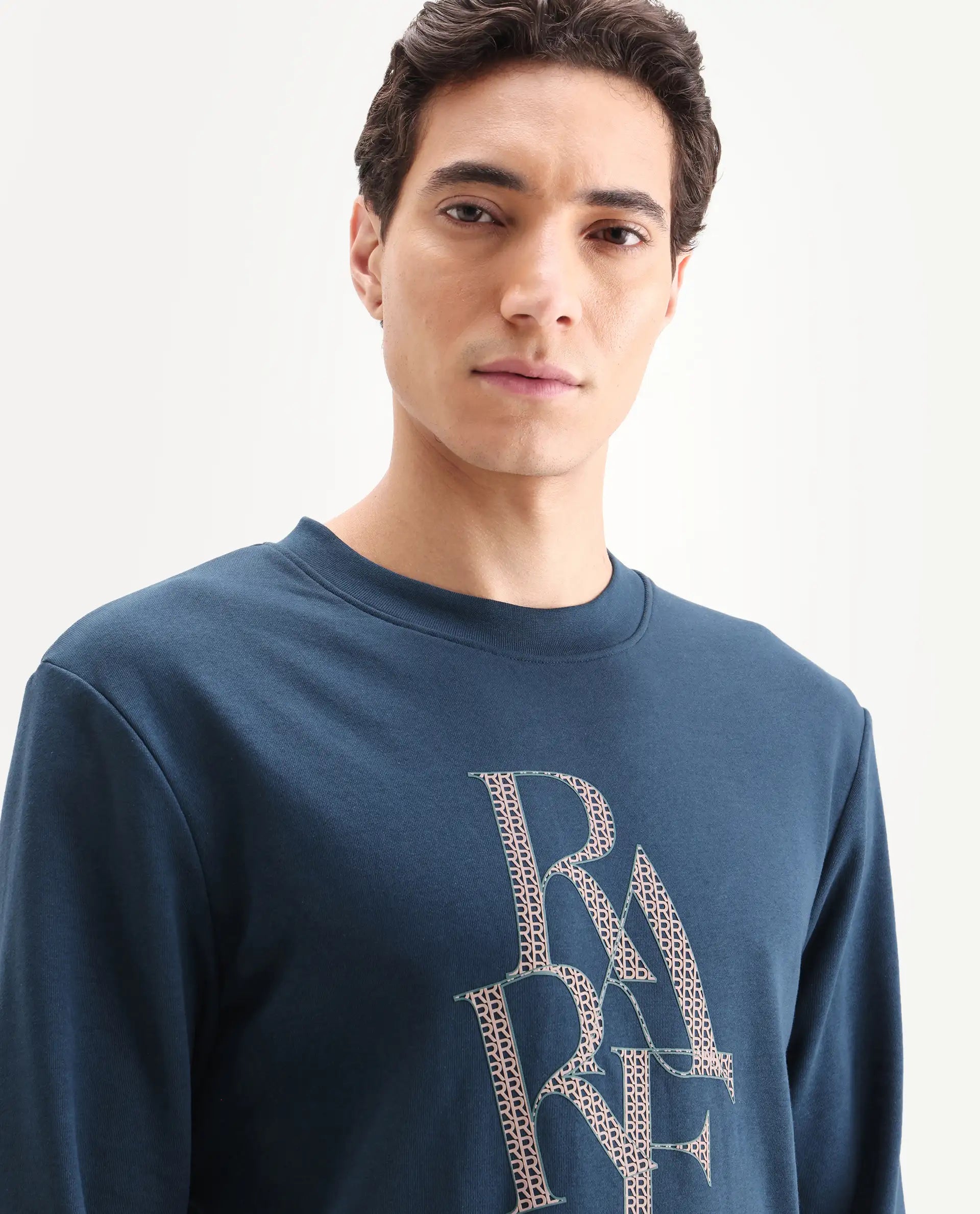Rare Rabbit Men's Calixer Dark Green Graphic Print Regular Fit Full Sleeve Crew Neck Sweatshirt