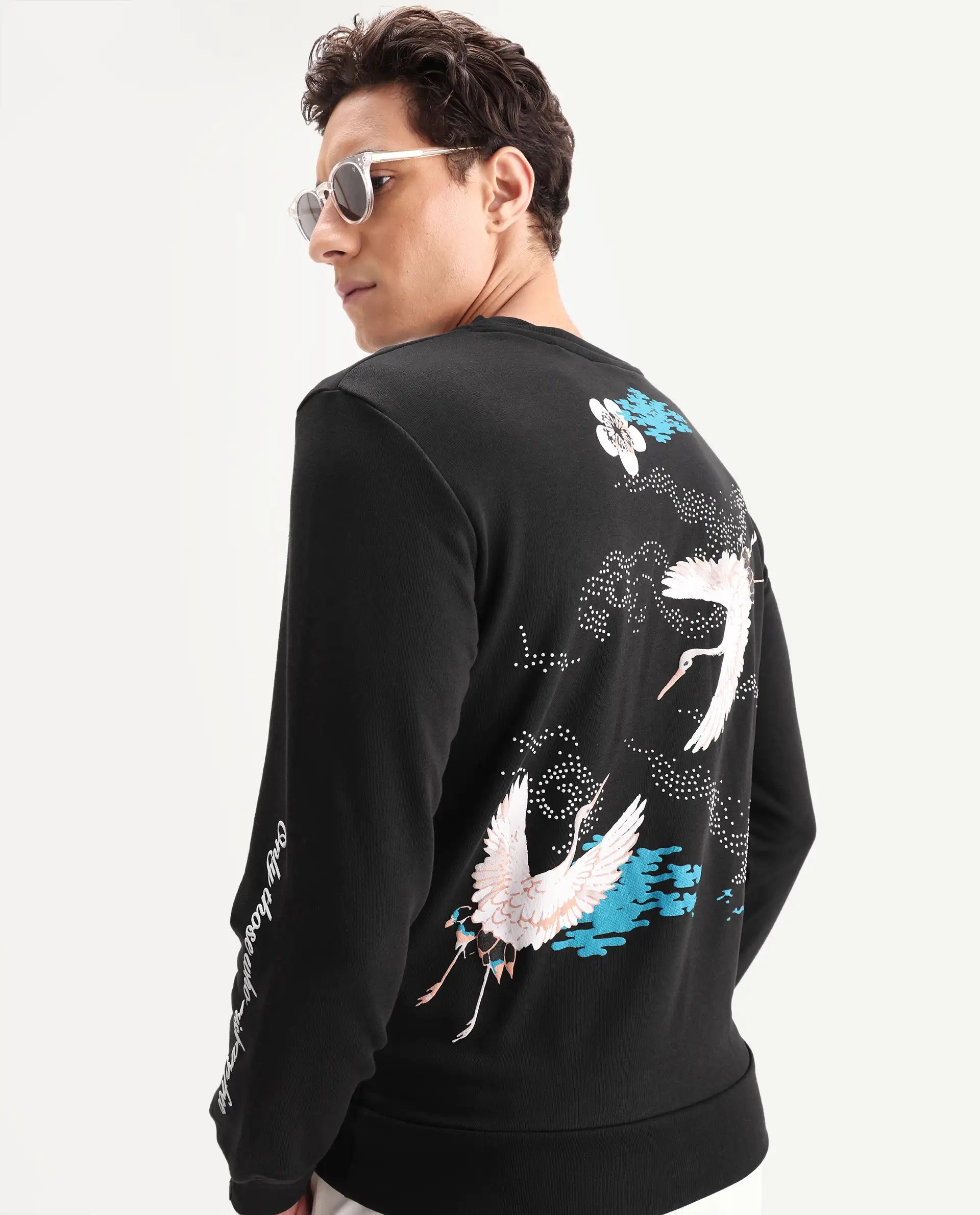 Rare Rabbit Men's Lain Black Cotton Animal Print Boxy Fit Full Sleeve Crew Neck Sweatshirt