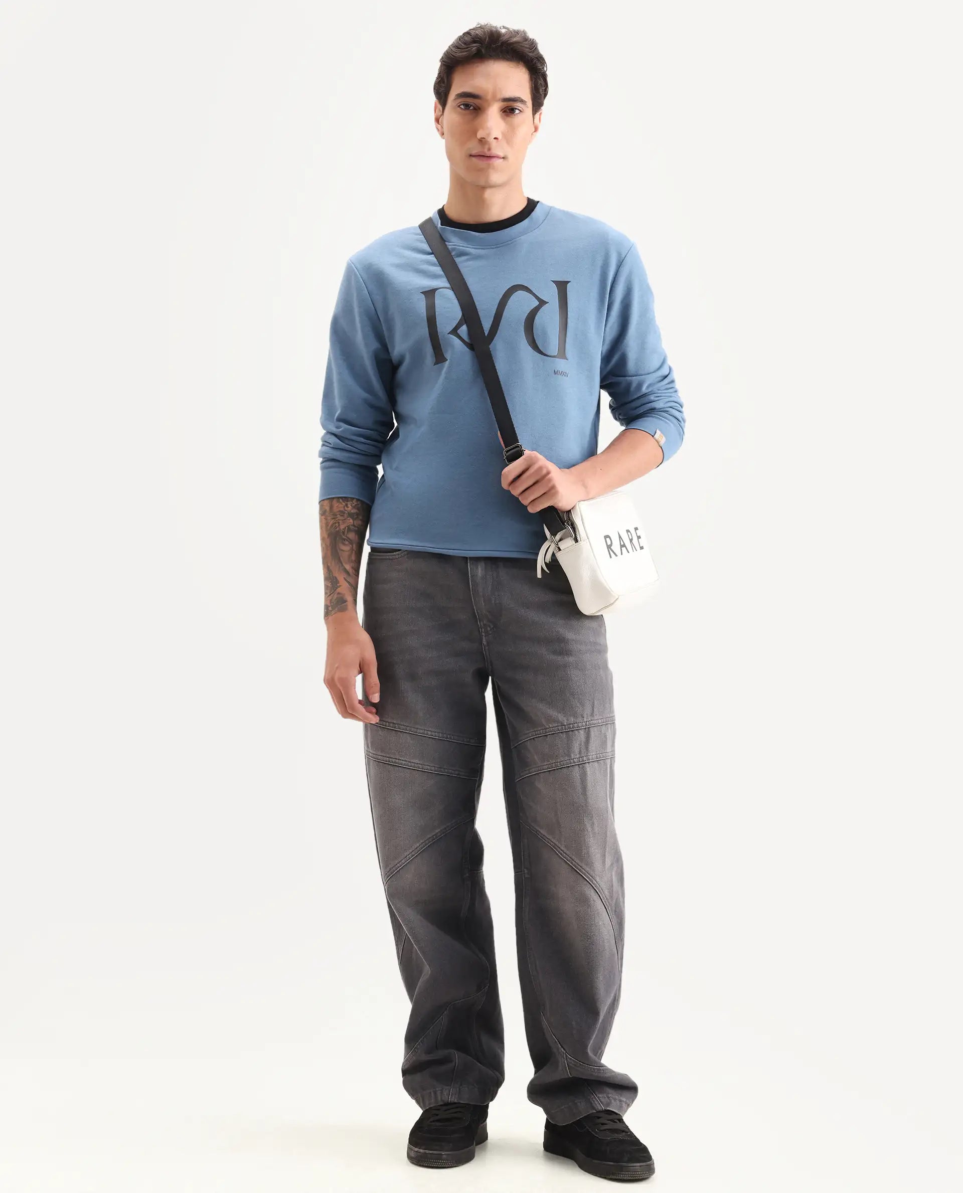 Rare Rabbit Men's Oris Dusky Blue Cotton Graphic Print Regular Fit Full Sleeve Crew Neck Sweatshirt
