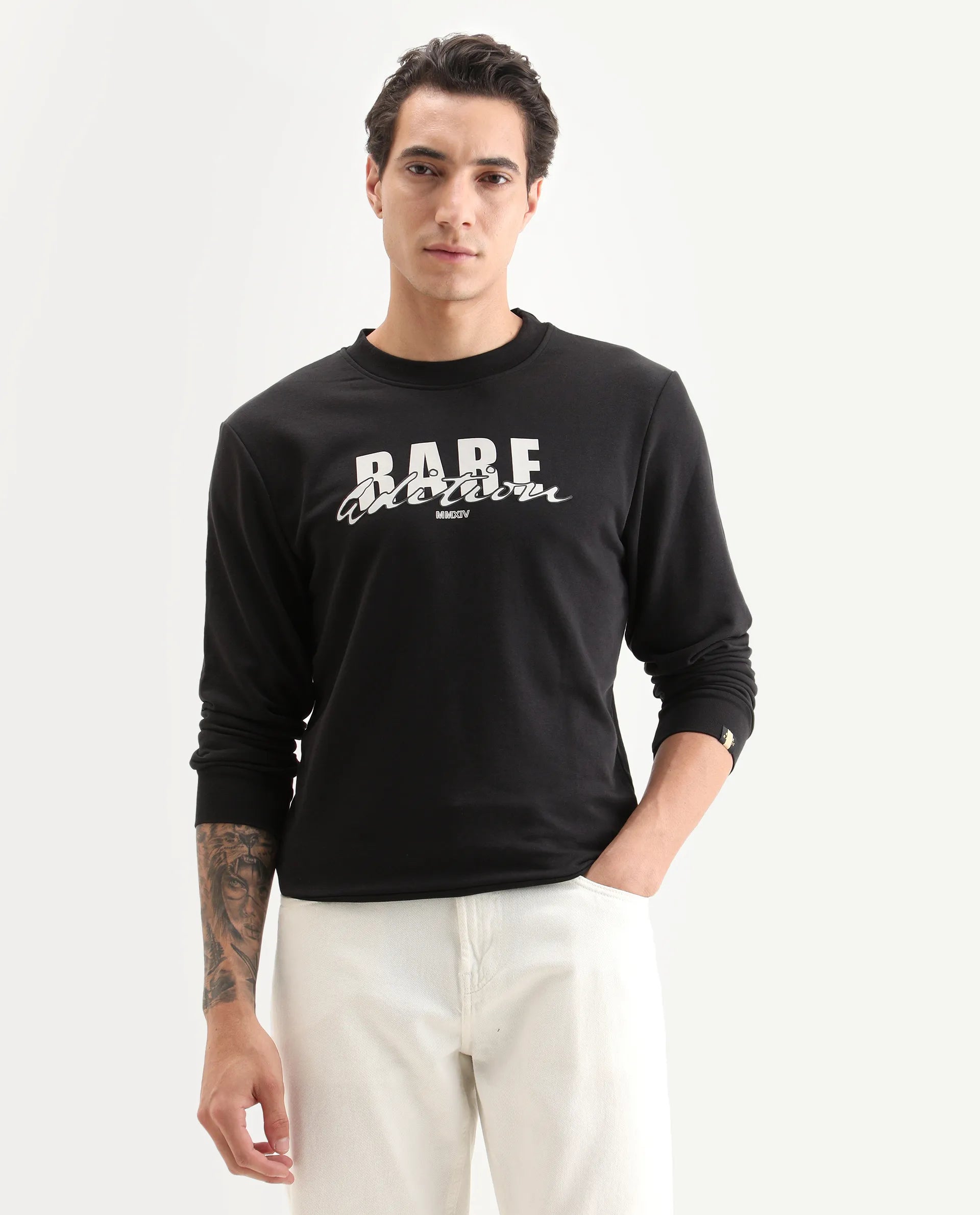 Rare Rabbit Men's Roven Black Cotton Blend Graphic Print Regular Fit Full Sleeve Crew Neck Sweatshirt