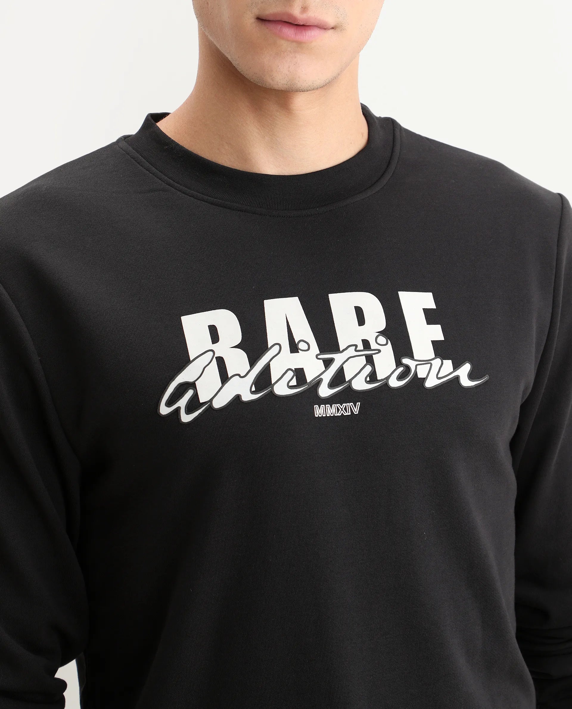 Rare Rabbit Men's Roven Black Cotton Blend Graphic Print Regular Fit Full Sleeve Crew Neck Sweatshirt