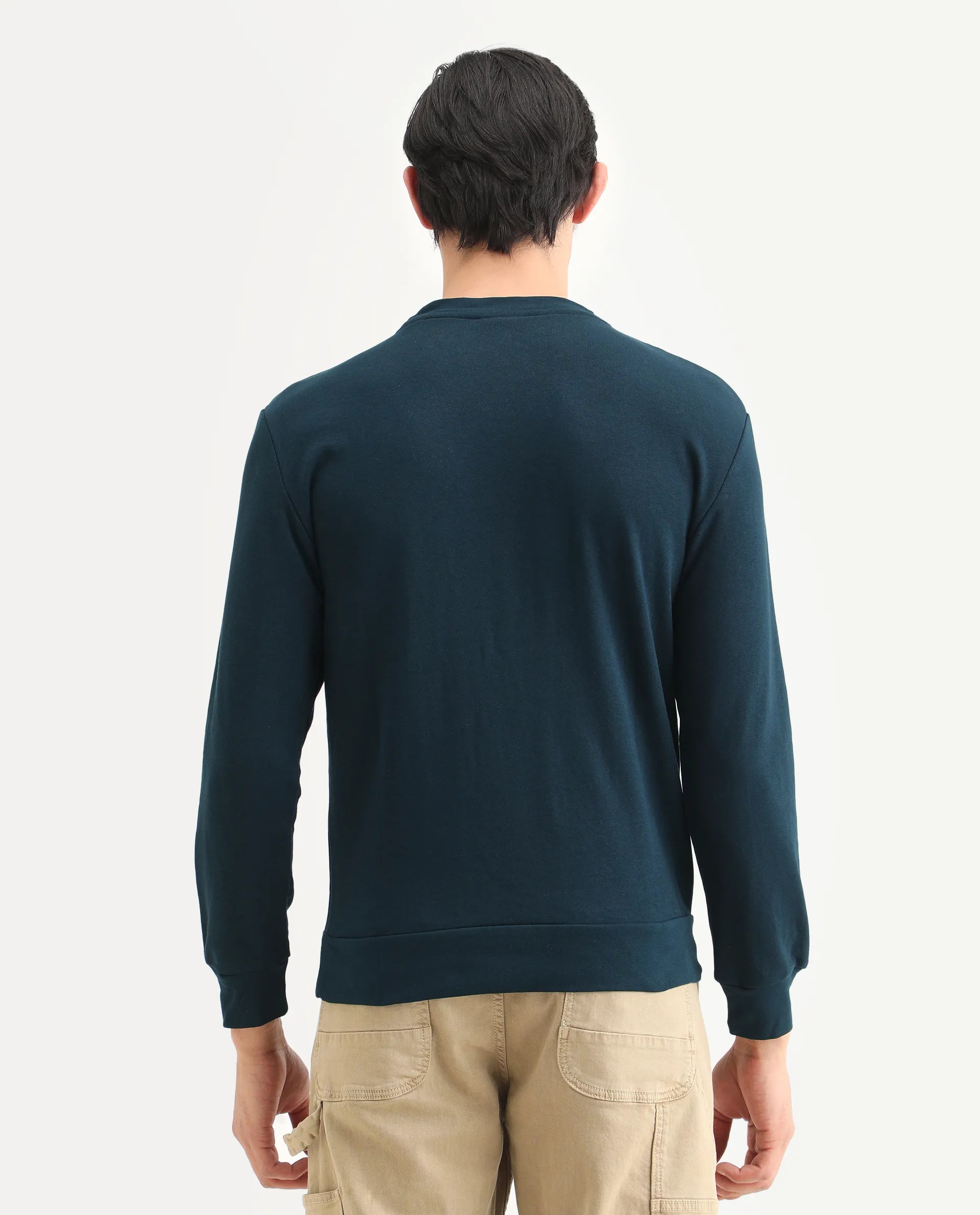 Rare Rabbit Men's Roven Dark Petrol Cotton Graphic Print Regular Fit Full Sleeve Crew Neck Sweatshirt