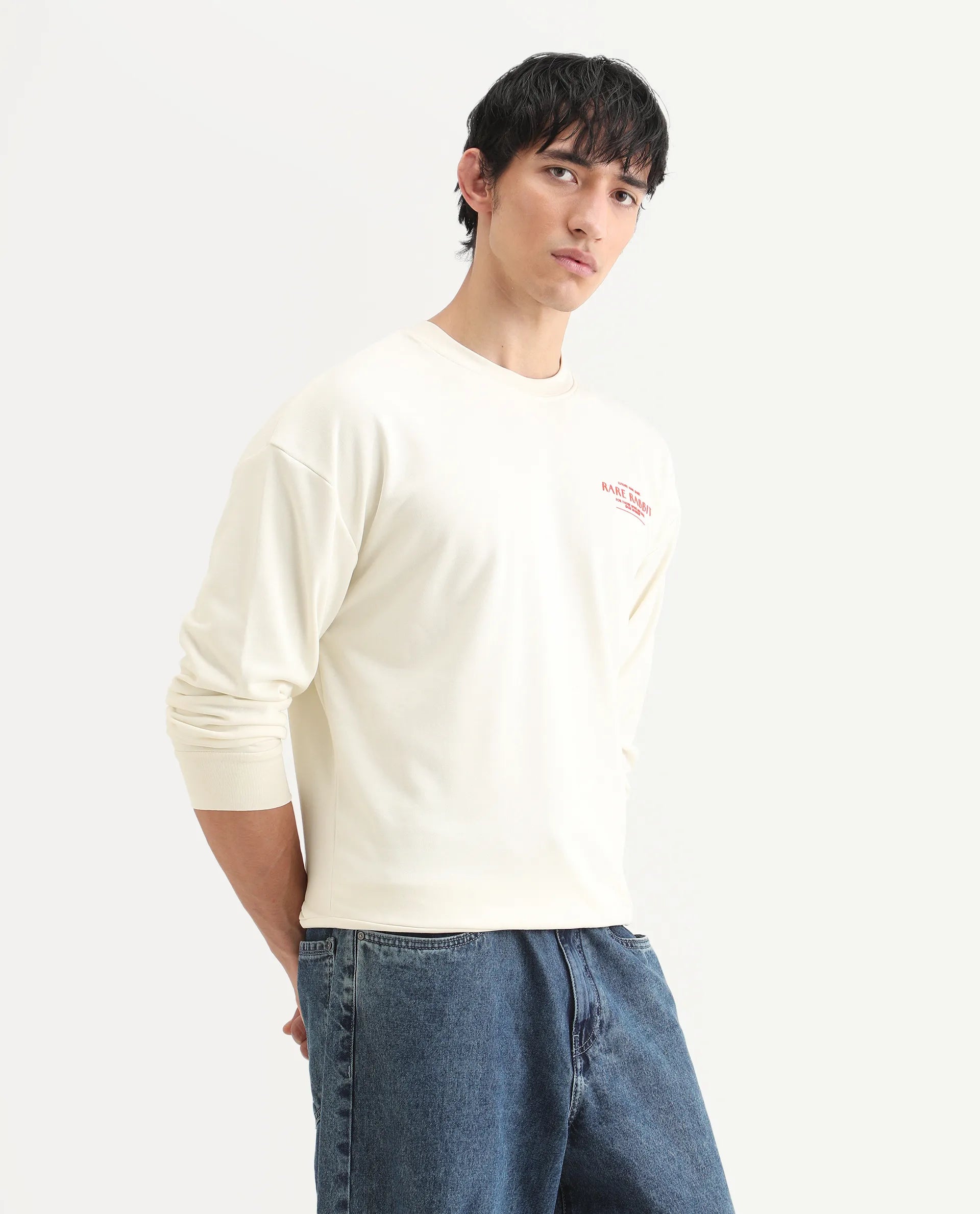 Rare Rabbit Men's Ore Off White Cotton Blend Typography Print Boxy Fit Full Sleeve High Neck Sweatshirt