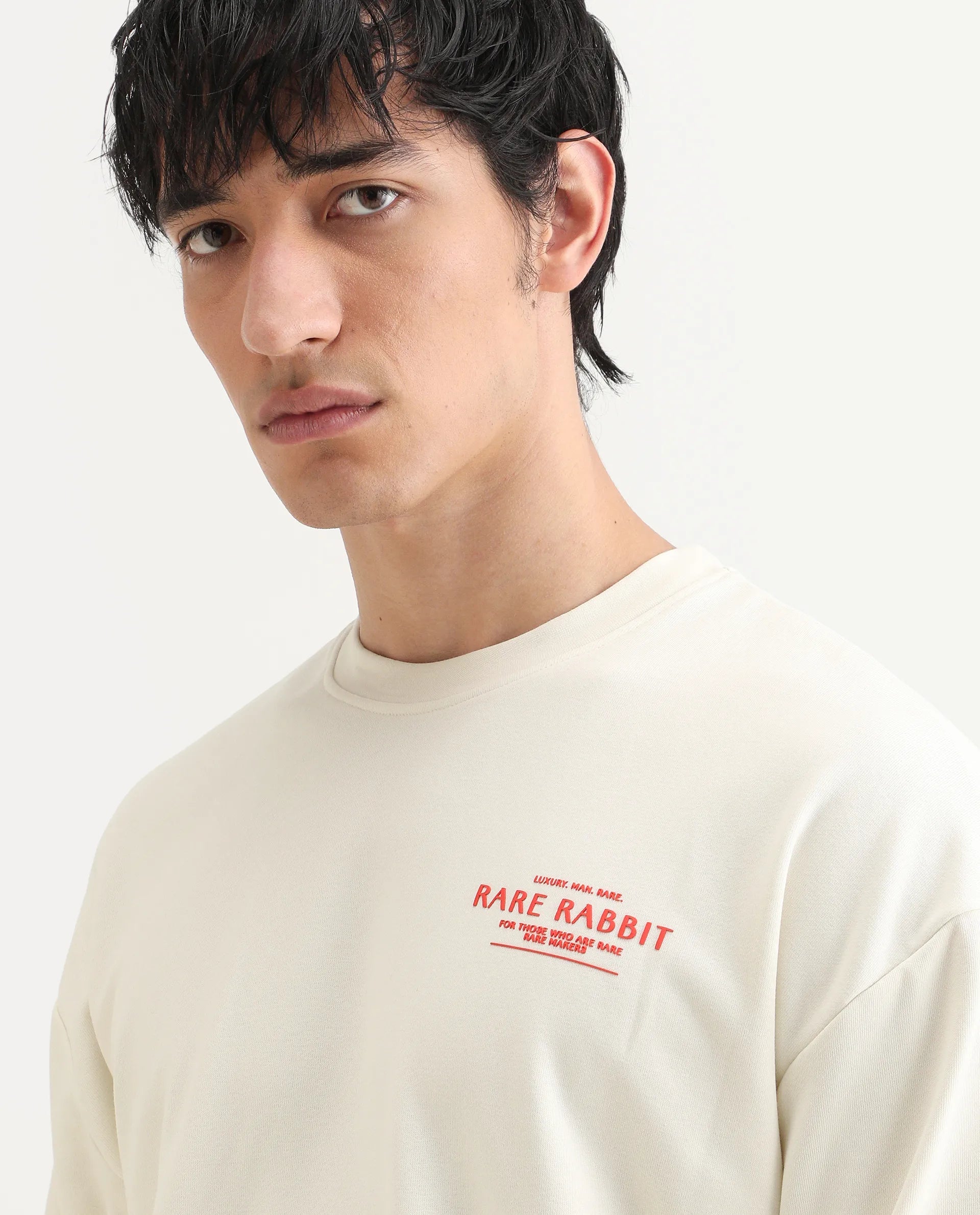Rare Rabbit Men's Ore Off White Cotton Blend Typography Print Boxy Fit Full Sleeve High Neck Sweatshirt