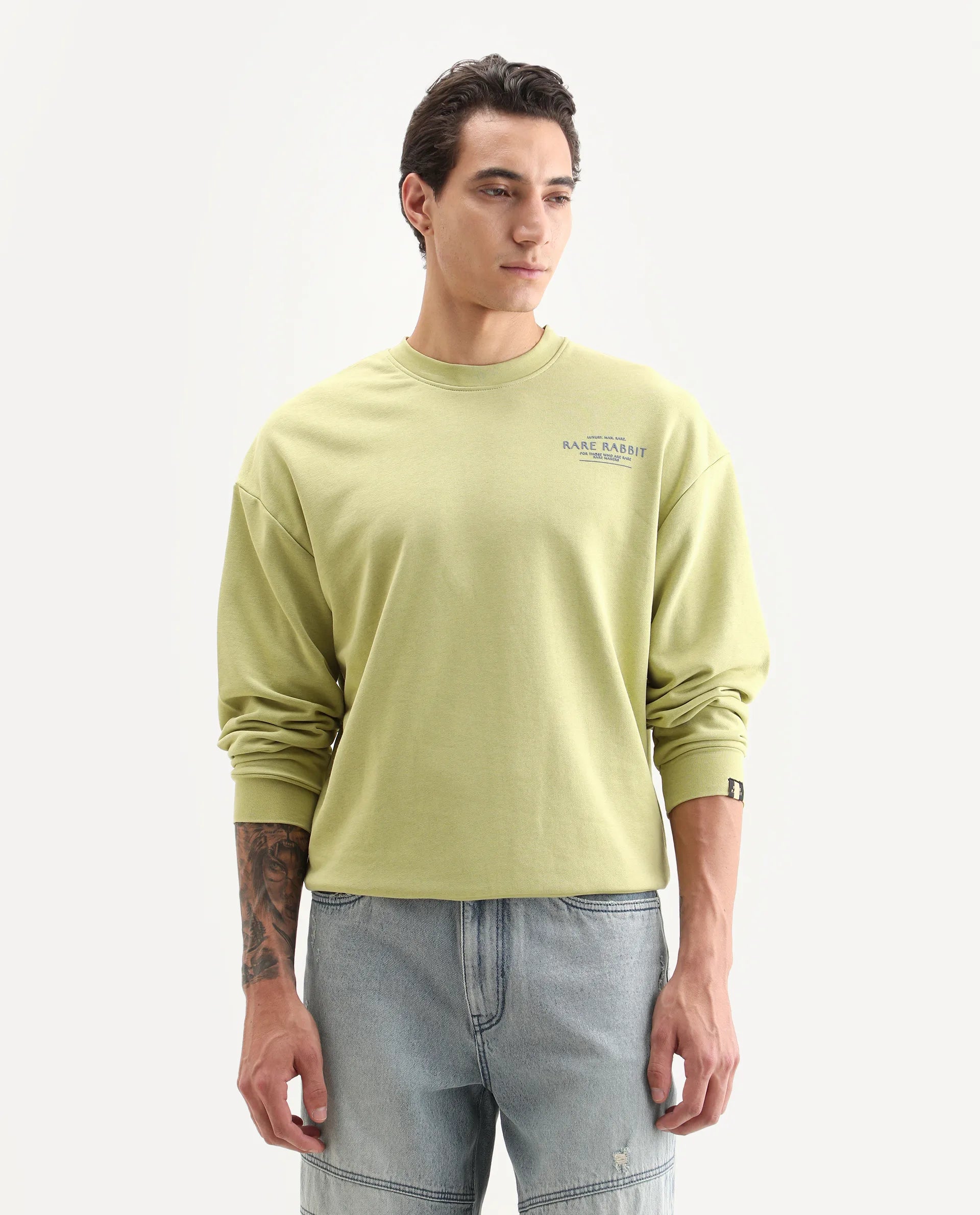 Rare Rabbit Men's Ore Pastel Green Cotton Typography Print Boxy Fit Full Sleeve Crew Neck Sweatshirt