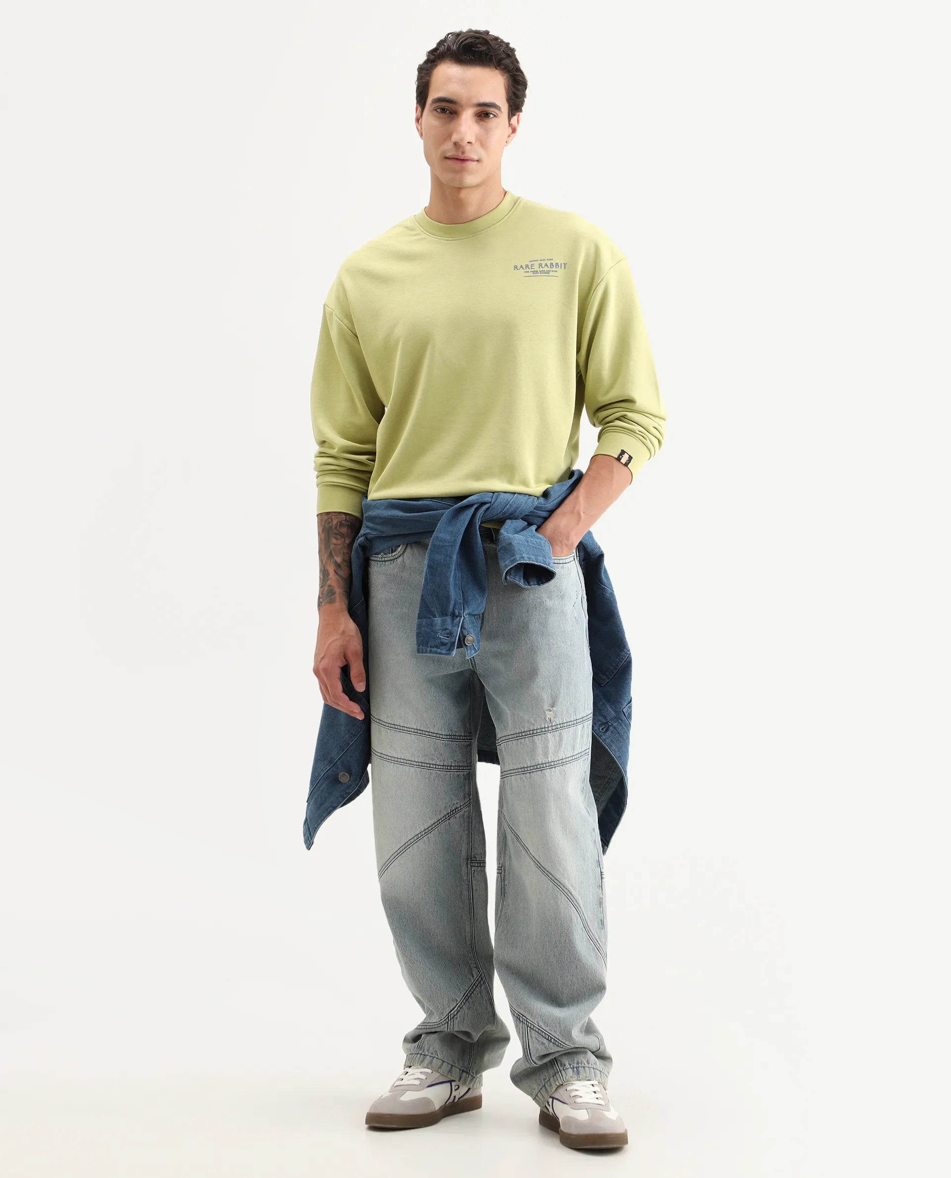 Rare Rabbit Men's Ore Pastel Green Cotton Typography Print Boxy Fit Full Sleeve Crew Neck Sweatshirt