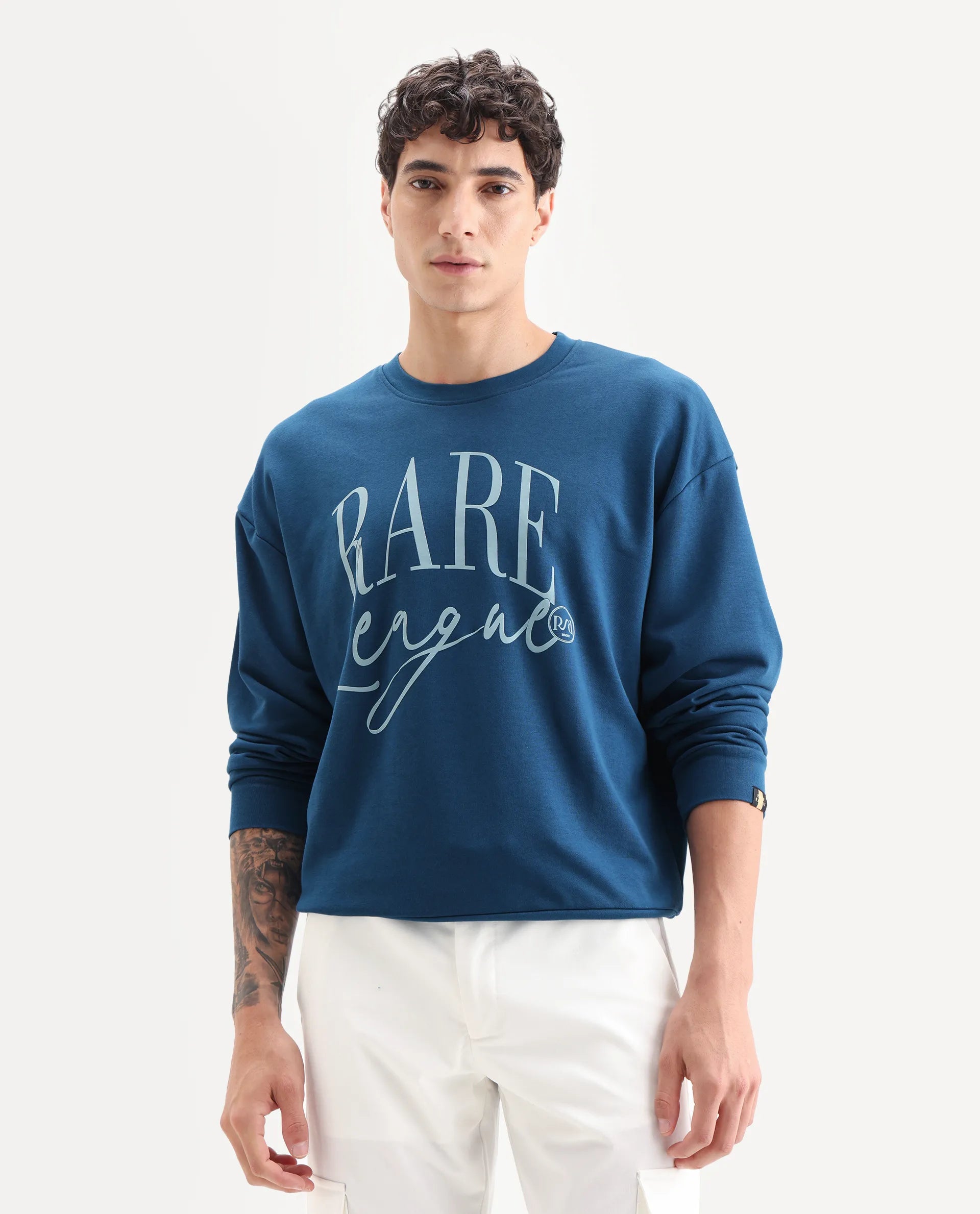 Rare Rabbit Men's Emro Dark Blue Cotton Graphic Print Oversized Fit Full Sleeve Crew Neck Sweatshirt