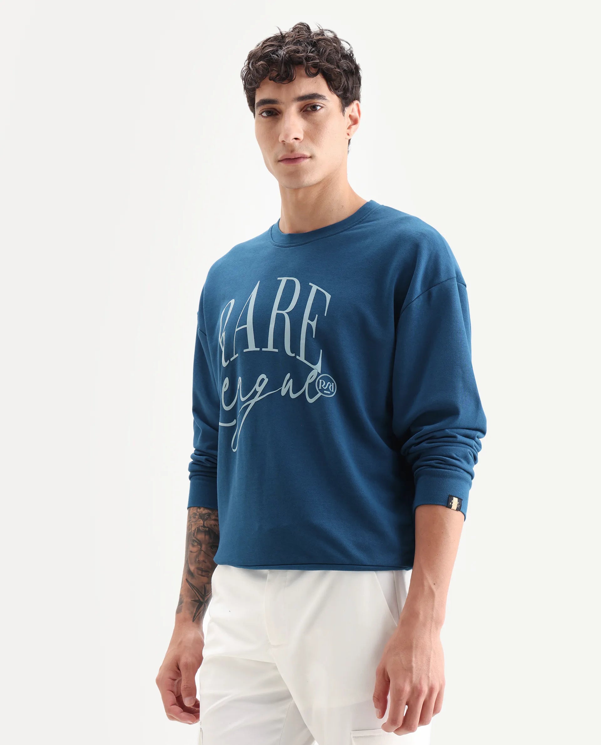 Rare Rabbit Men's Emro Dark Blue Cotton Graphic Print Oversized Fit Full Sleeve Crew Neck Sweatshirt