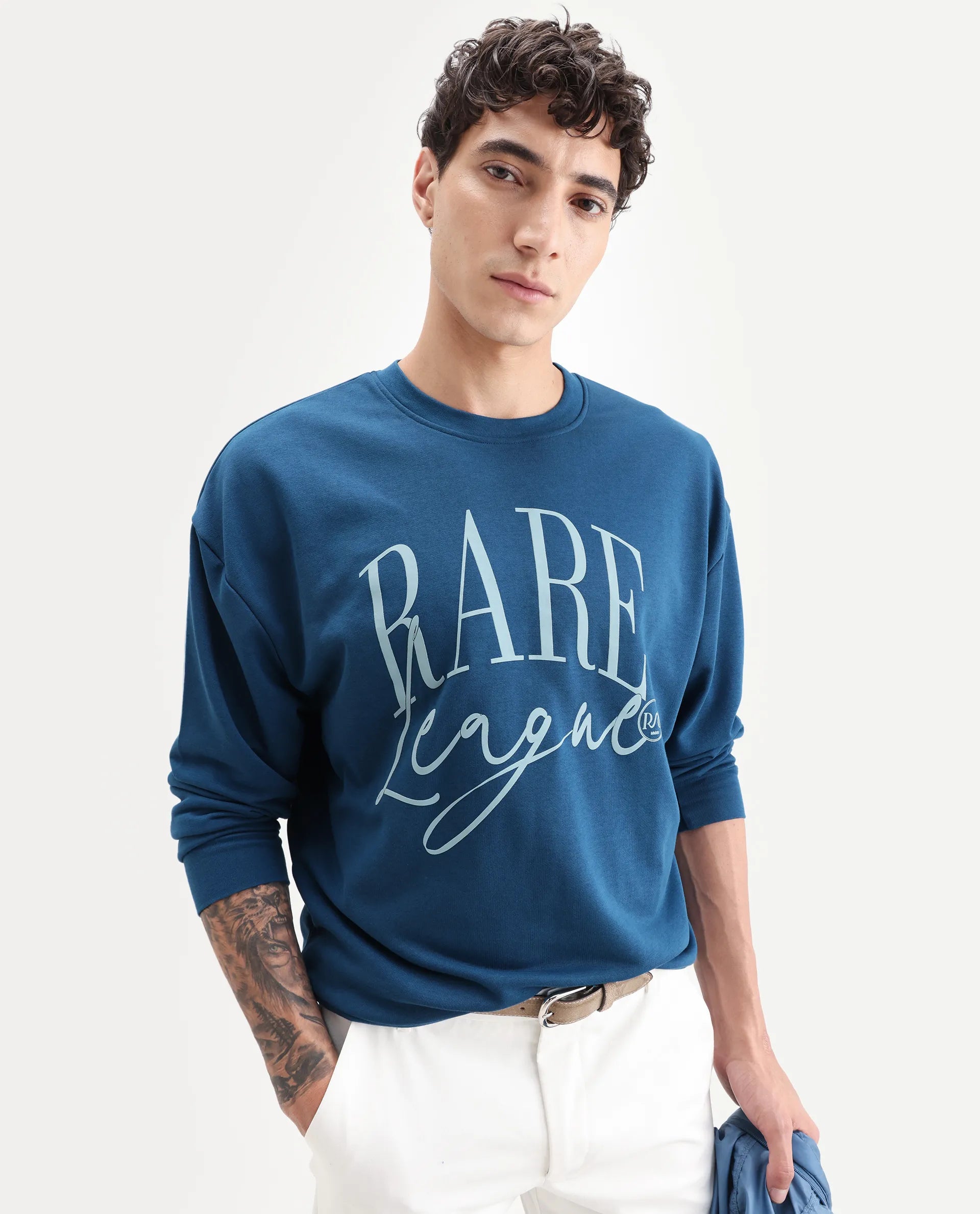 Rare Rabbit Men's Emro Dark Blue Cotton Graphic Print Oversized Fit Full Sleeve Crew Neck Sweatshirt
