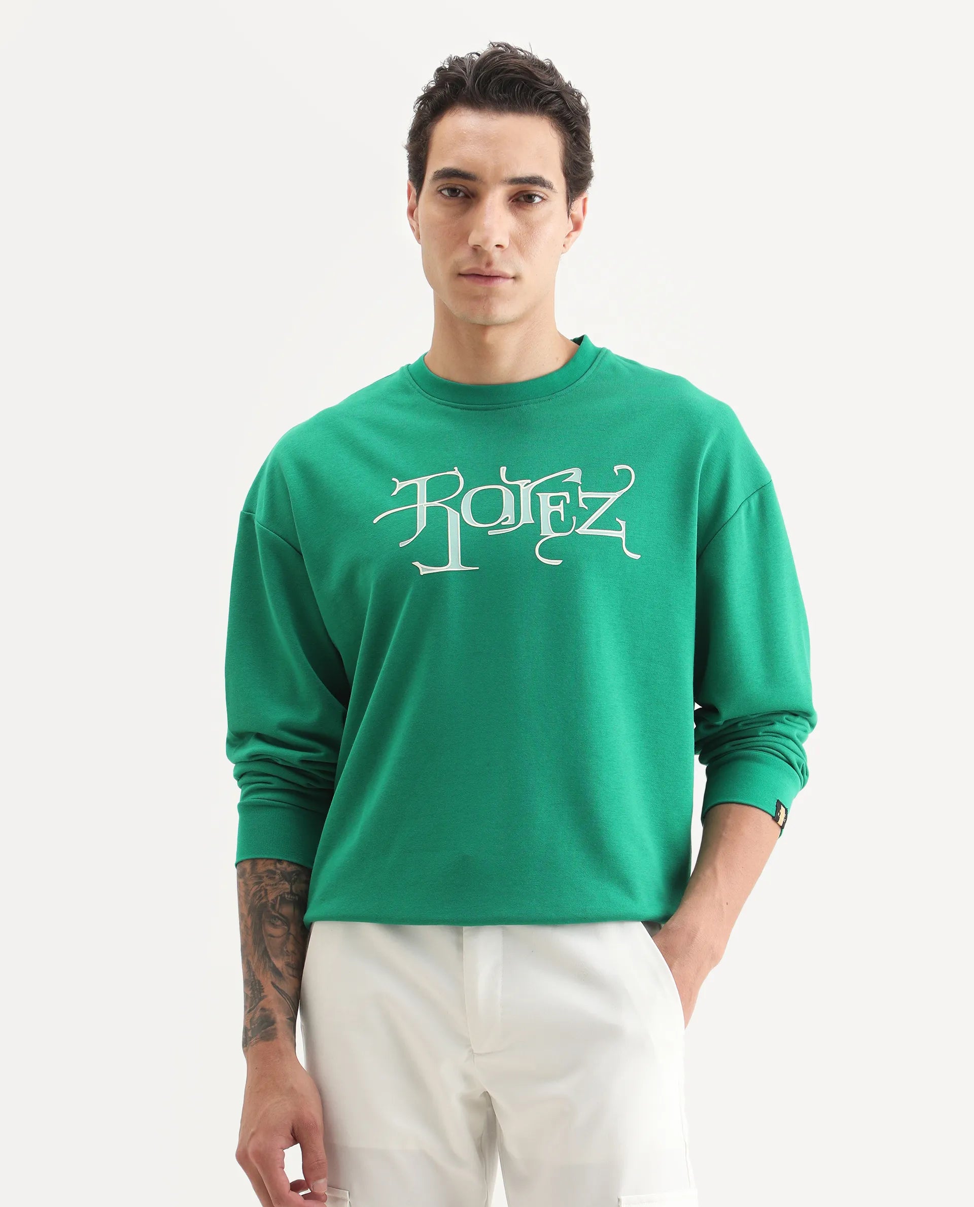 Rare Rabbit Men's Bott Green Cotton Graphic Print Regular Fit Full Sleeve Crew Neck Sweatshirt